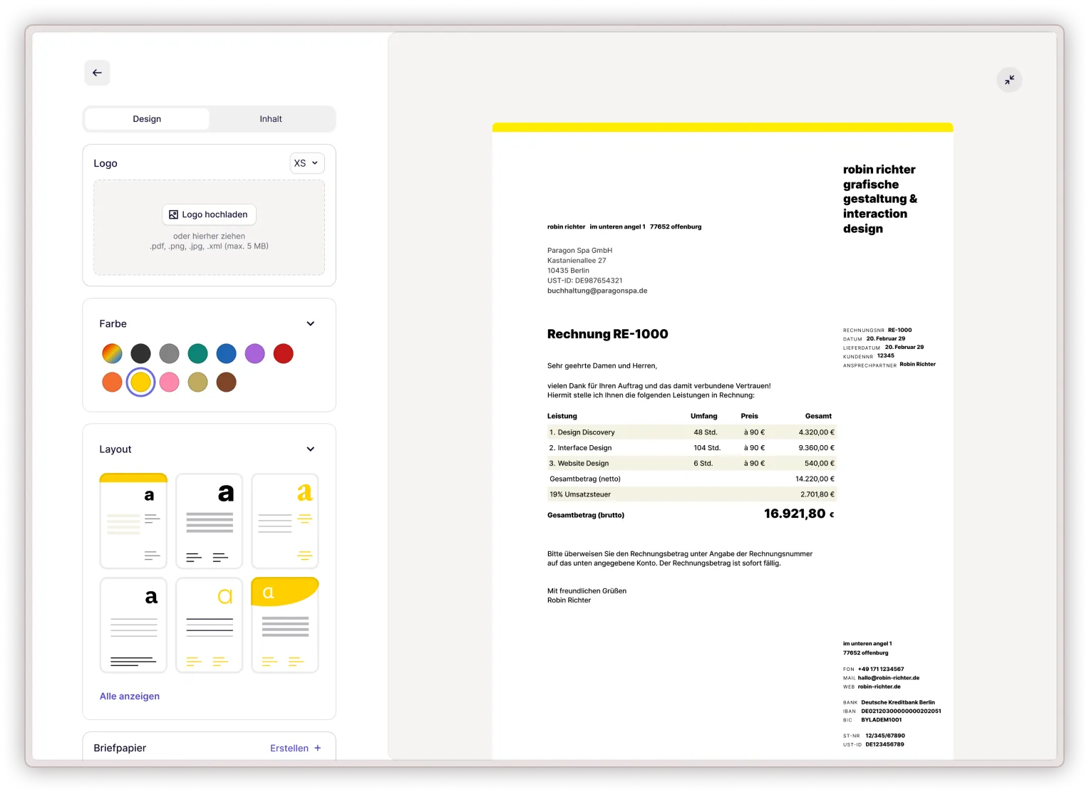 Rechnungen gestalten in der Desktop Rechnungsmaske von sevdesk
