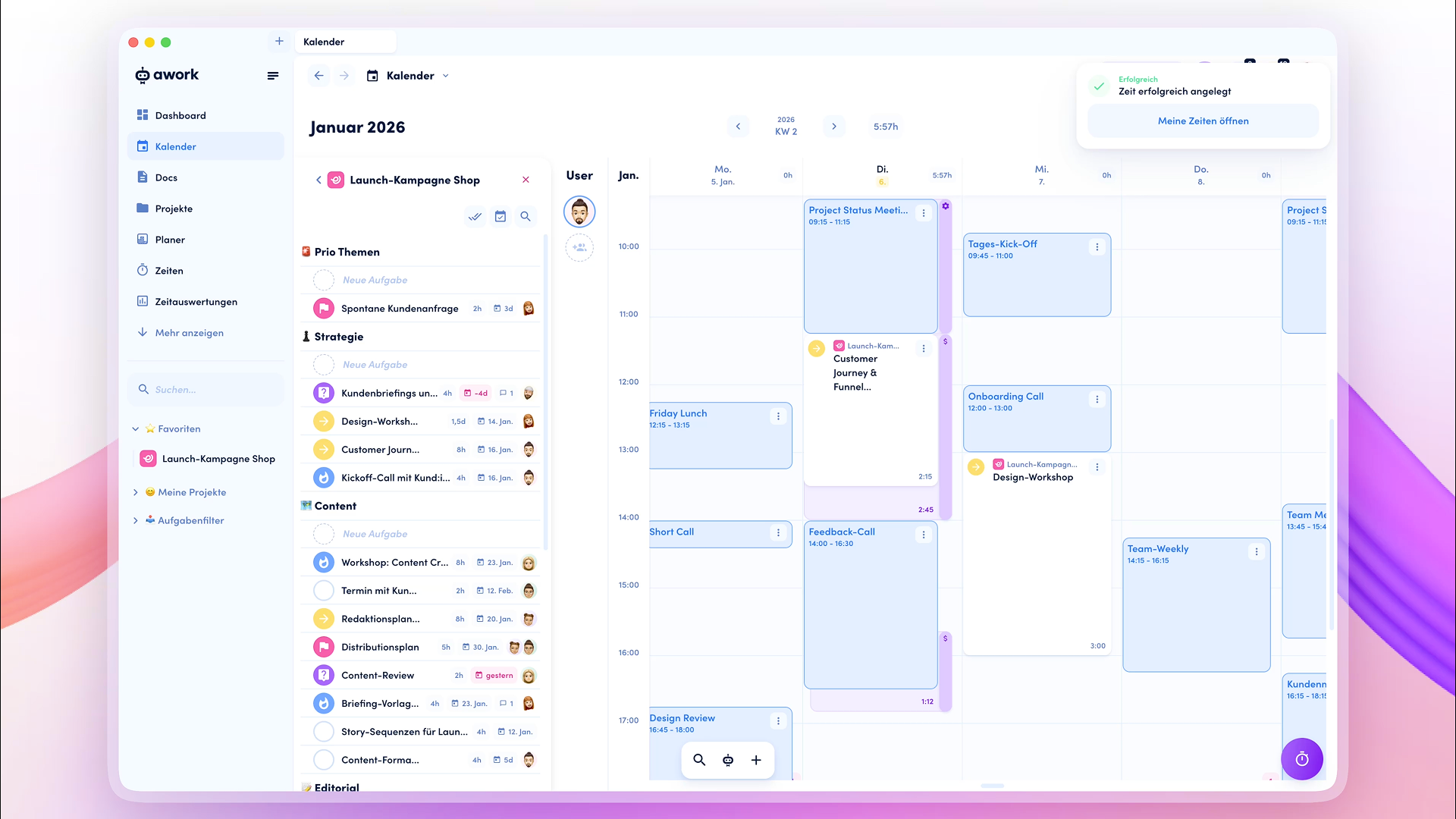 awork Dashbord für die Teamplanung