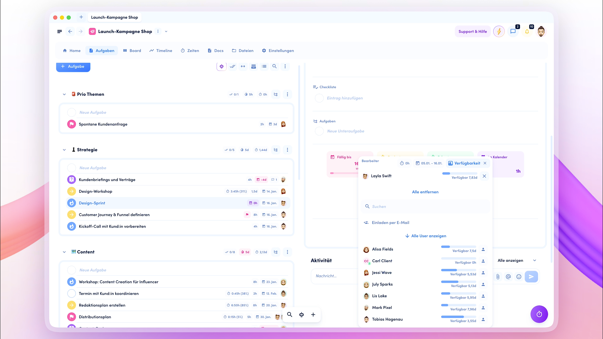 awork Dashbord für die Teamplanung