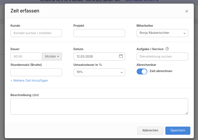 Eingabe für Zeiterfassung in sevdesk für Aufträge und Kunden Desktop