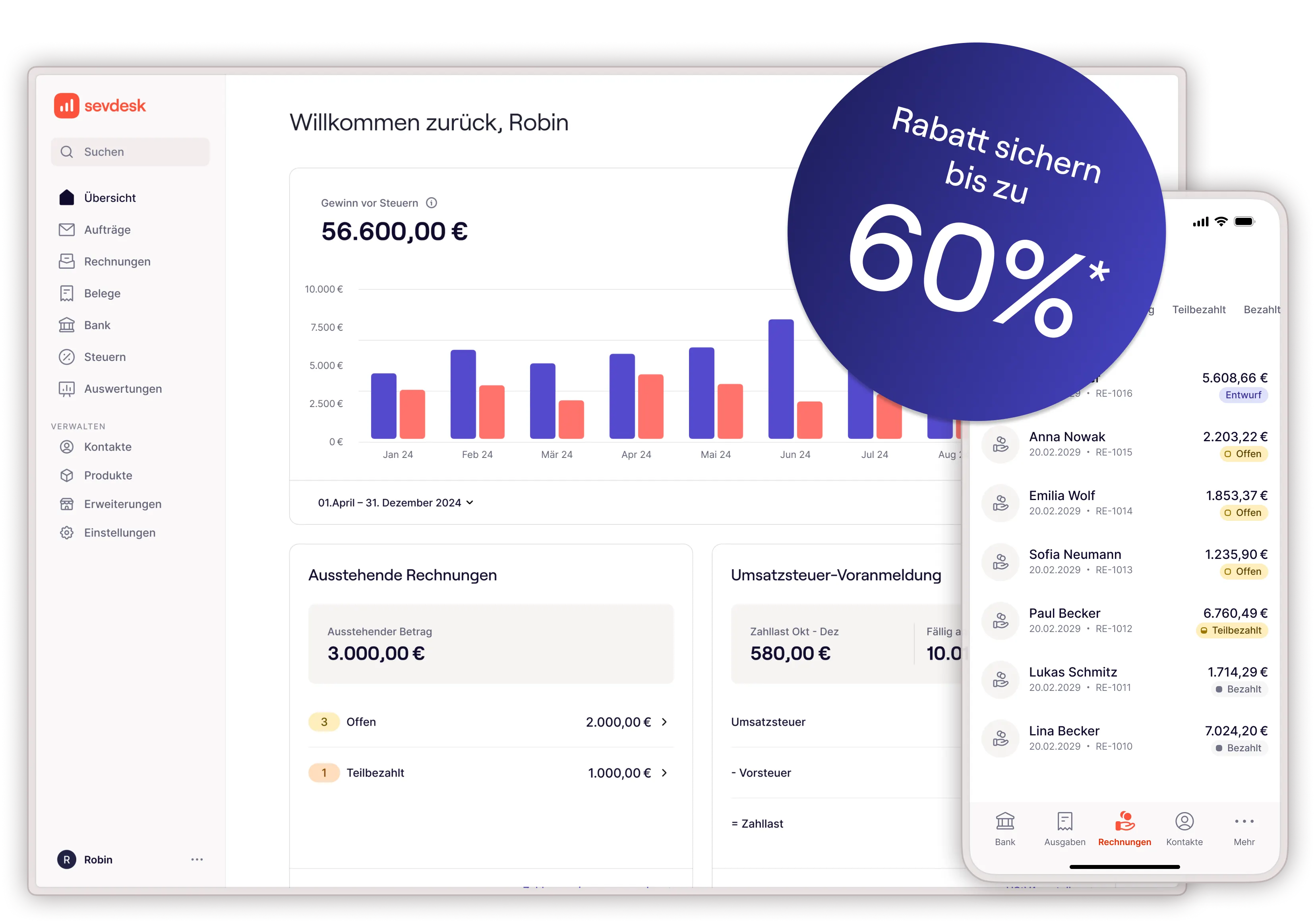 sevdesk Dashboard und Übersicht in Desktop und mobile mit Auswertungen