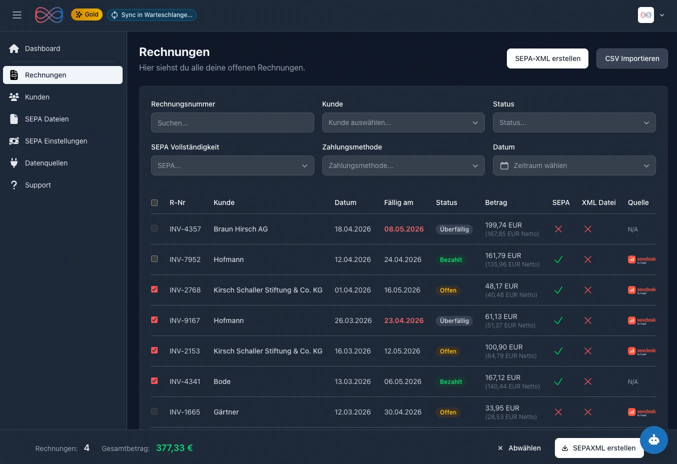 SEPApro Rechnungen Ansicht im Desktop