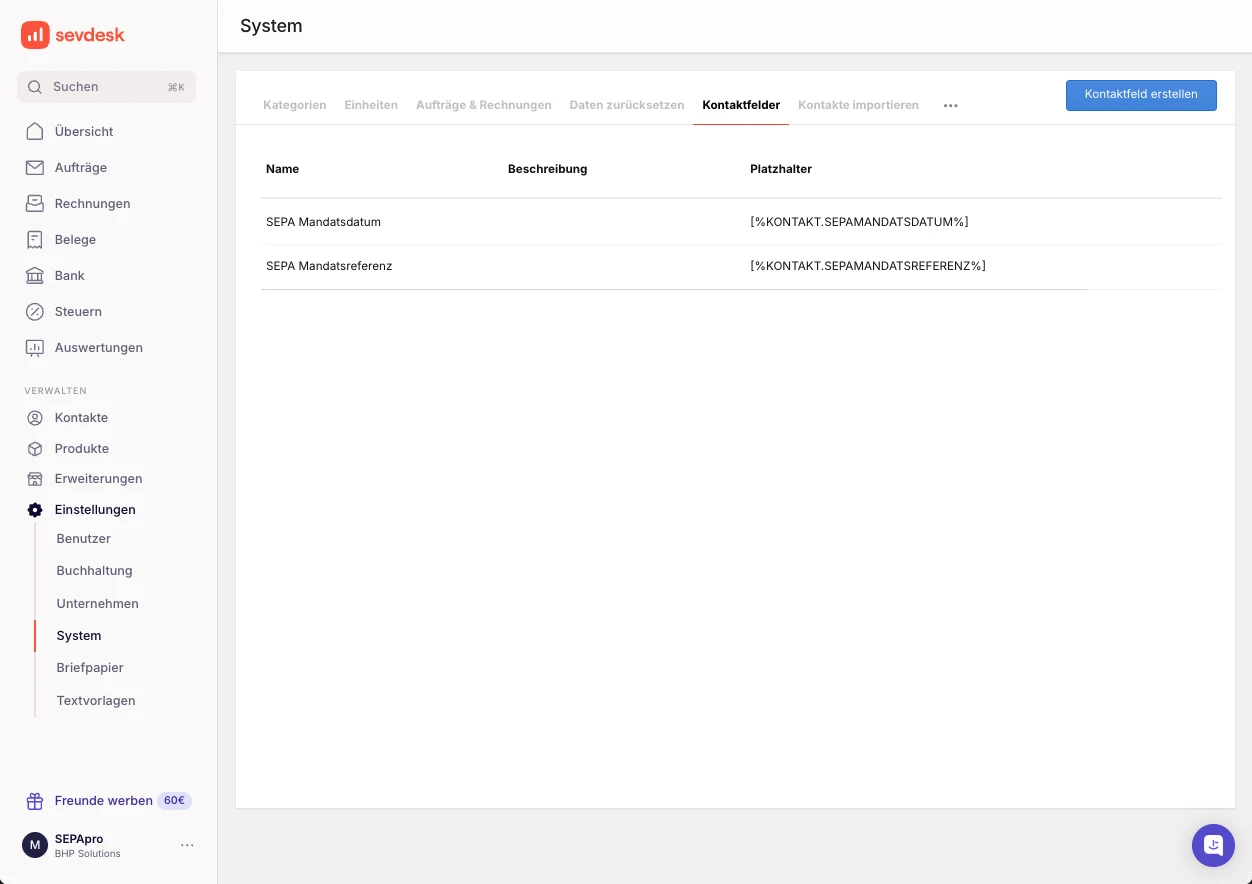 sevdesk System Einstellungen