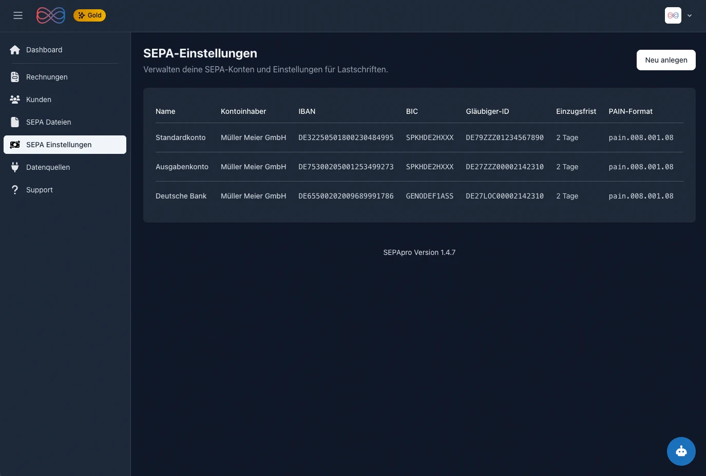 SEPA Einstellungen in SEPApro Desktop