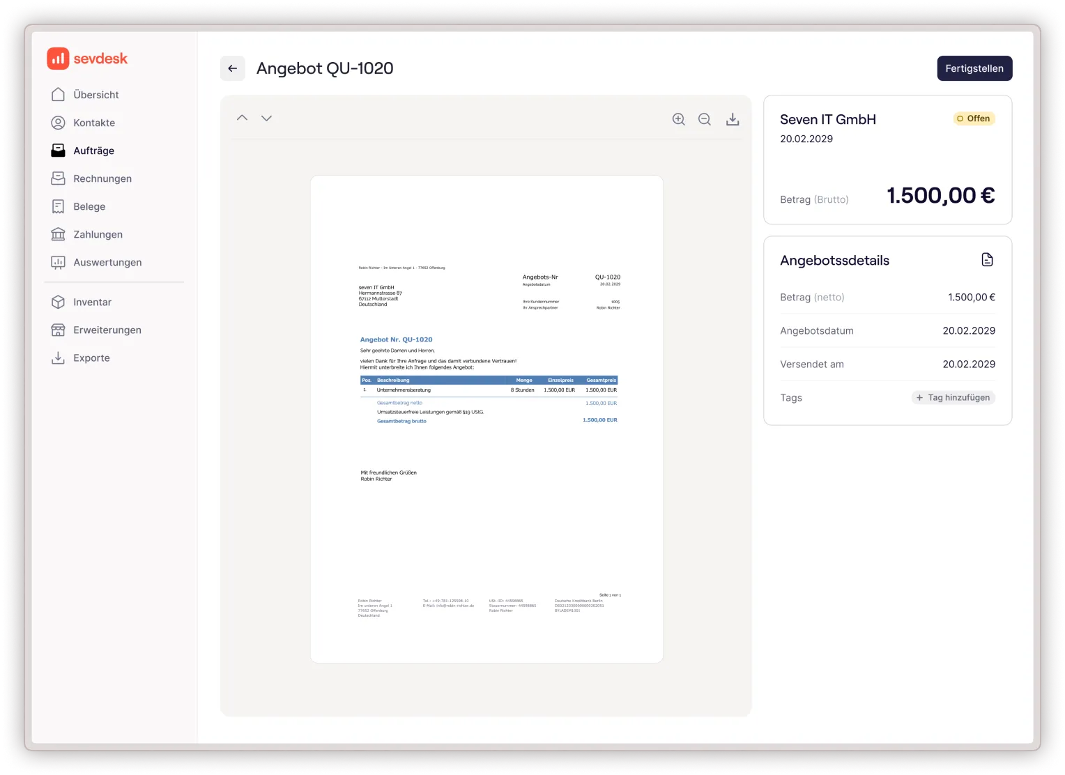 Vorschau eines Angebots in der Fakturierungssoftware von sevdesk