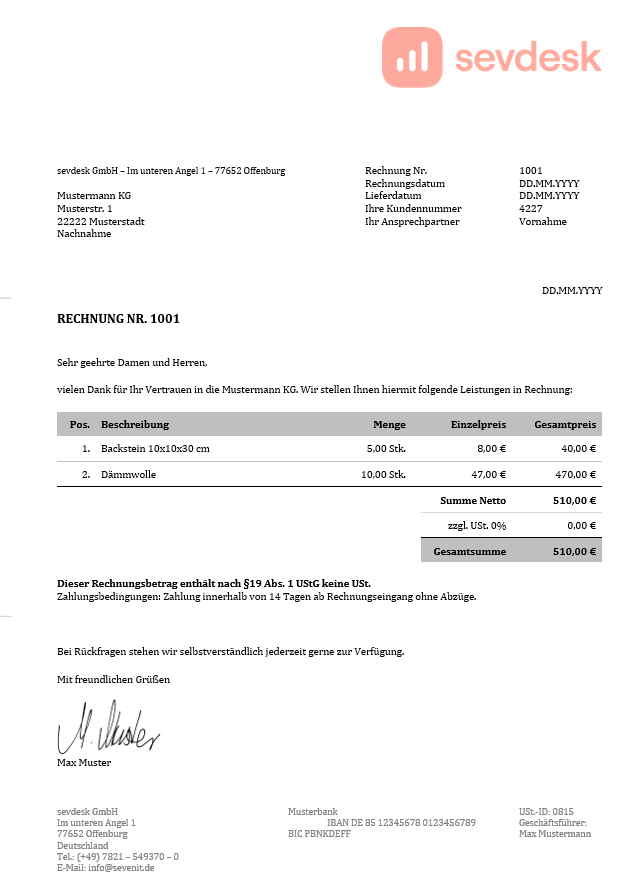 Rechnungsvorlage ohne Umsatzsteuer