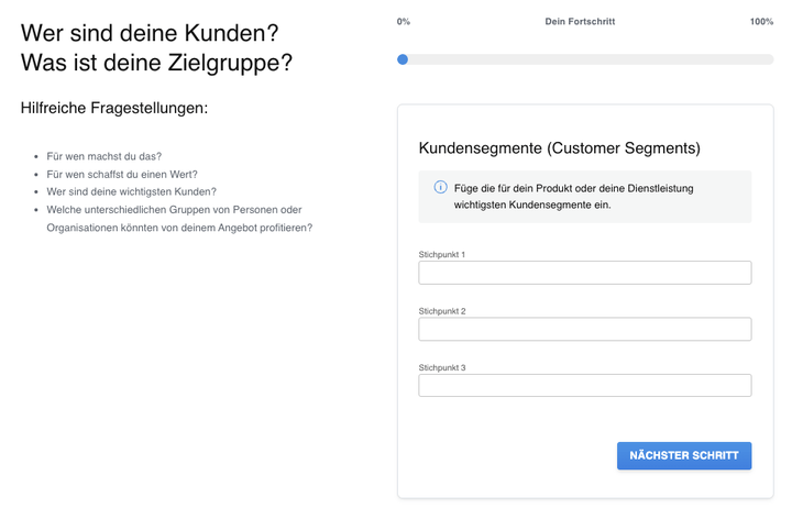 BMC-Generator von sevdesk: Schritt-für-Schritt-Formular zur Eingabe der eigenen Kundensegmente.