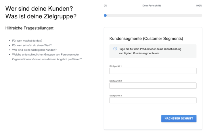 BMC-Generator von sevdesk: Schritt-für-Schritt-Formular zur Eingabe der eigenen Kundensegmente.