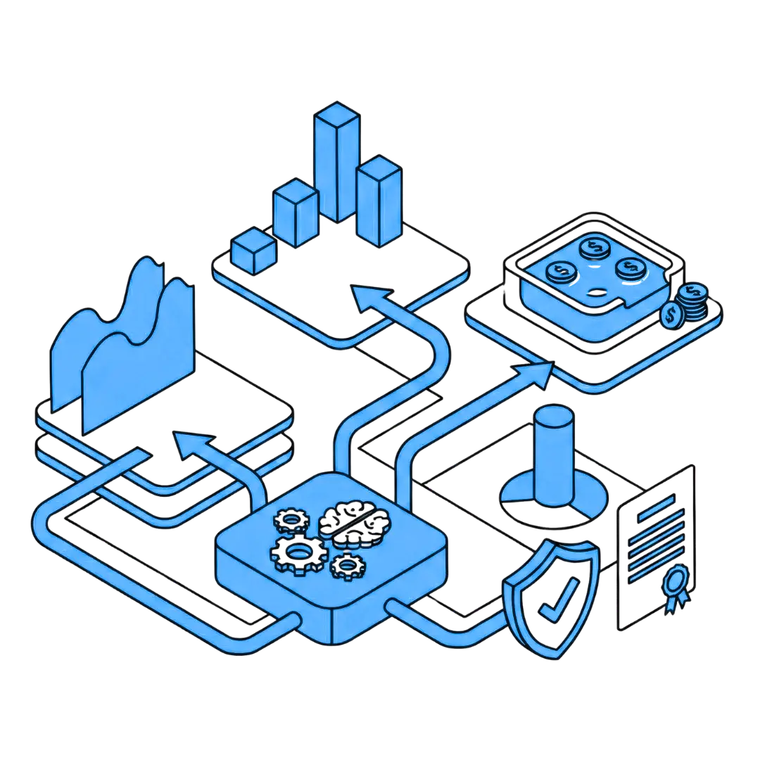 Diagram with arrows connecting charts, gears, shield, document, and money, illustrating a system flow.