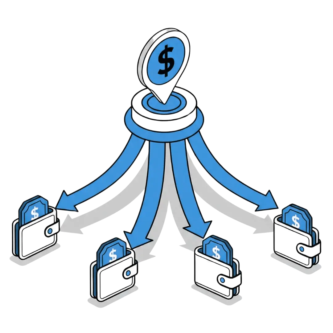 Central dollar sign icon distributing money to four wallets with dollar bills via blue arrows.