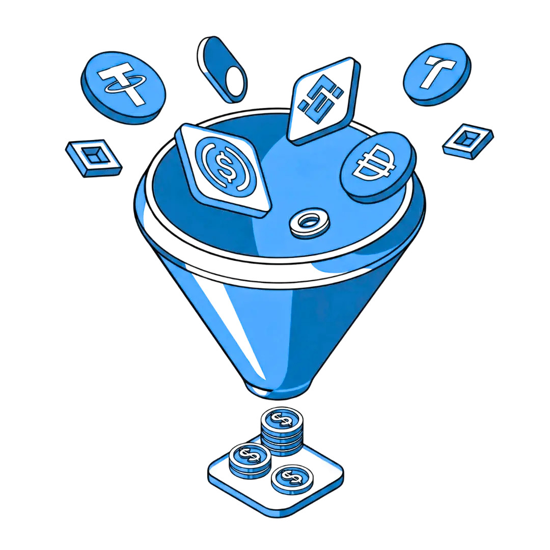Blue funnel filtering various cryptocurrency icons into stacked dollar coins on a platform below.