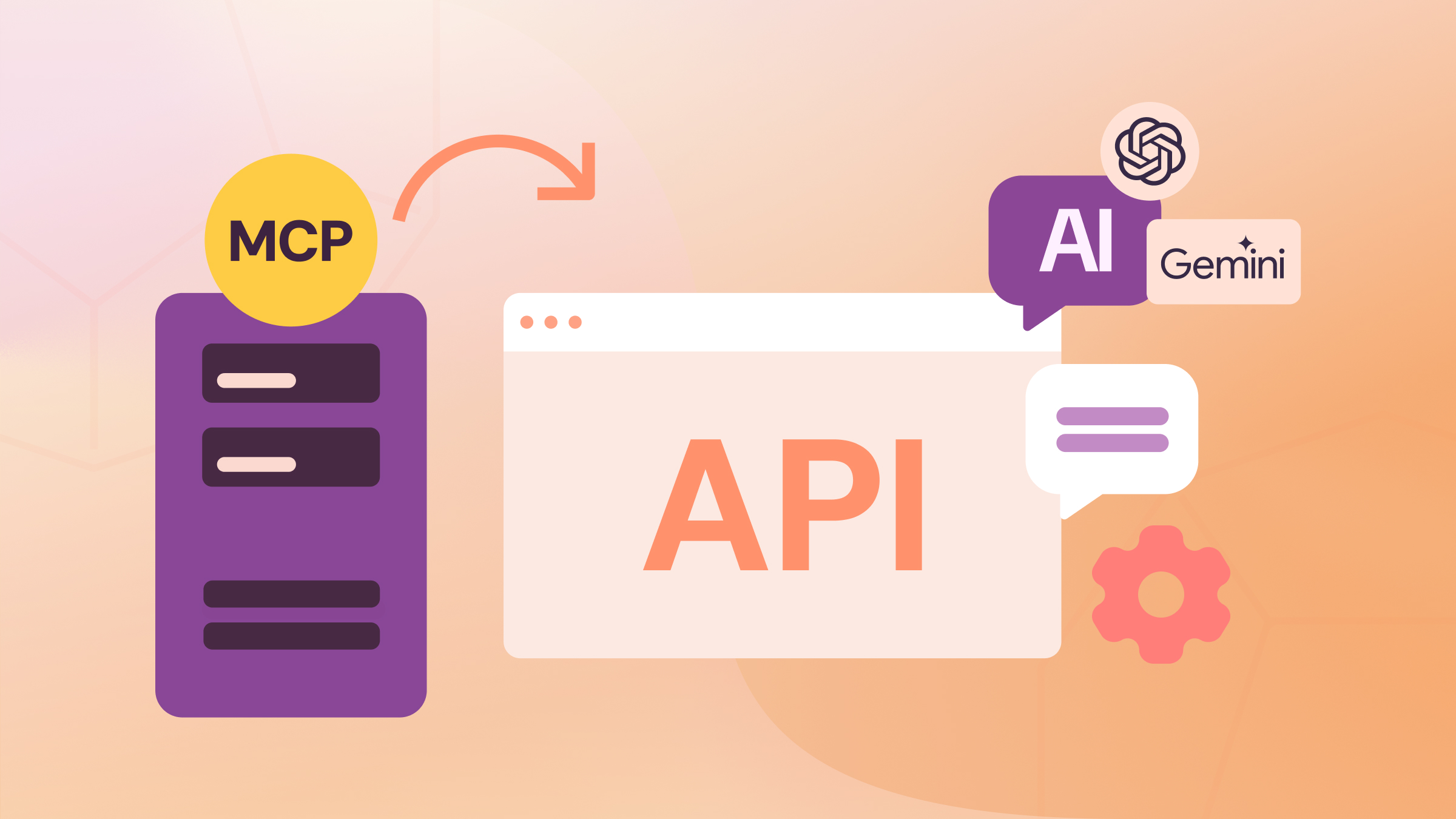 Illustration of an MCP server connecting APIs to AI models like ChatGPT and Gemini, symbolizing streamlined API support and enhanced developer interaction through natural language.