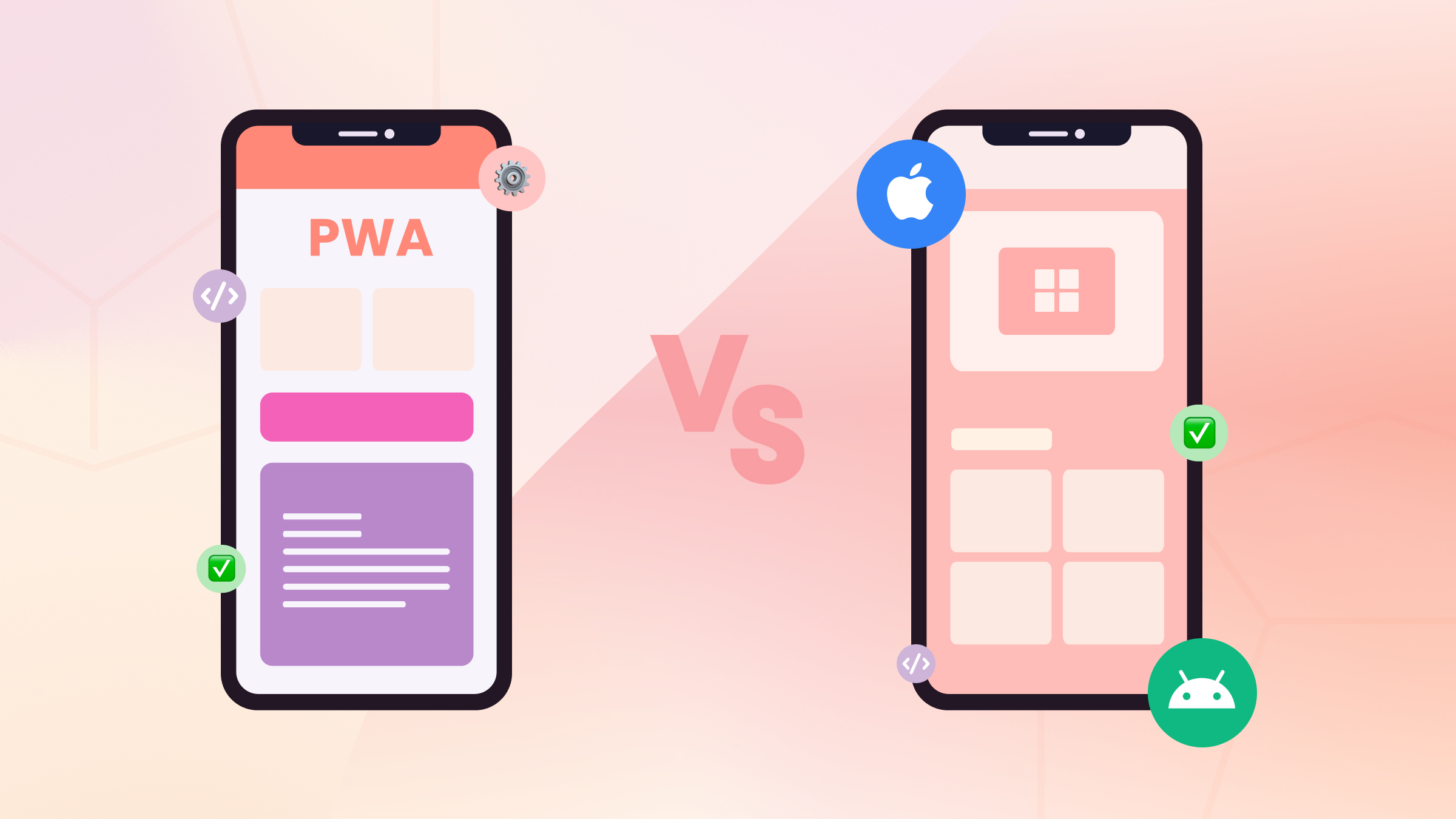 Side-by-side comparison of smartphones labeled 'PWA' vs 'Native Apps', illustrating key differences in interface and development approach.