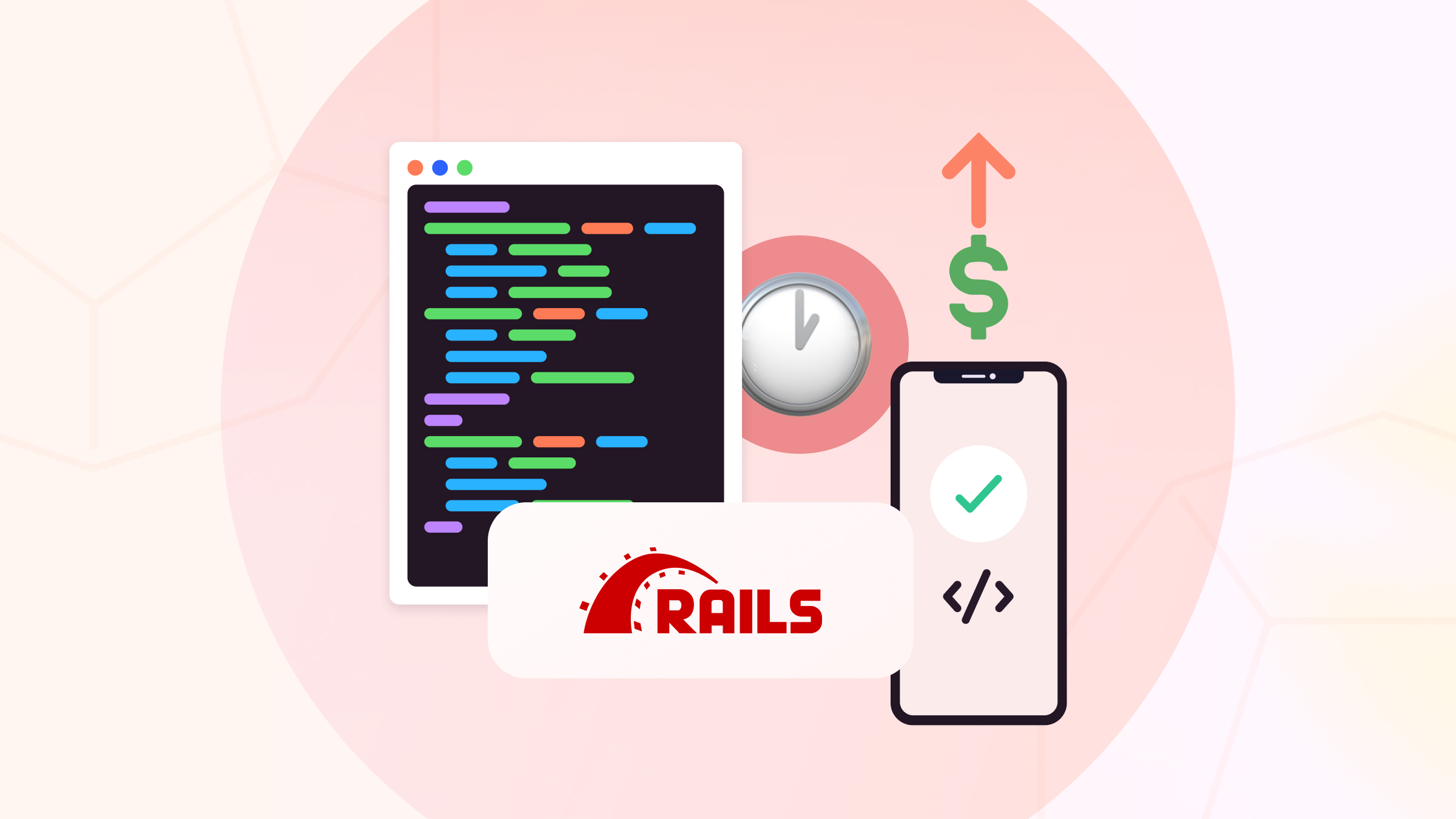 Illustration of Ruby on Rails with code editor, smartphone, clock, and dollar sign, symbolizing faster API development, cost efficiency, and productivity in 2025.