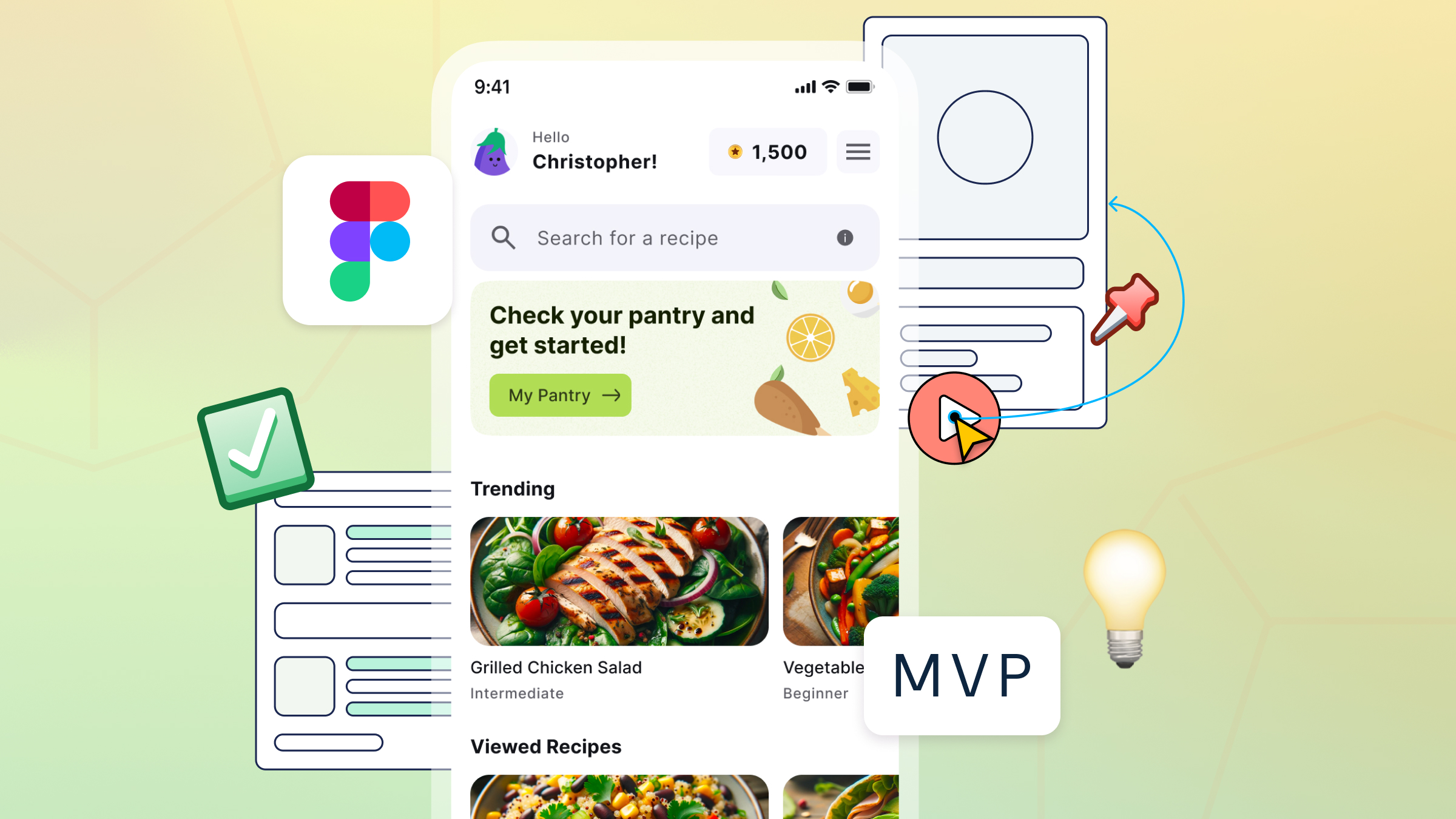 Figma design and MVP prototyping process for CoChefy app showing a cooking recipe interface with pantry management and trending dishes, representing the journey from idea to product.