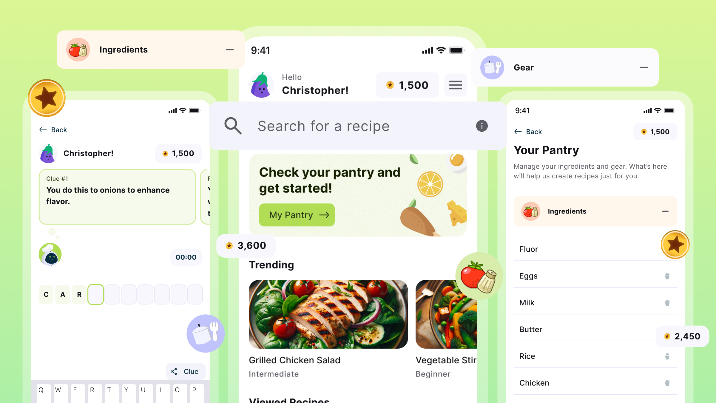 Screenshot collage of CoChefy app showing the main features — recipe search, ingredient pantry management, and a daily cooking word game — designed to help users reduce food waste and discover new recipes.
