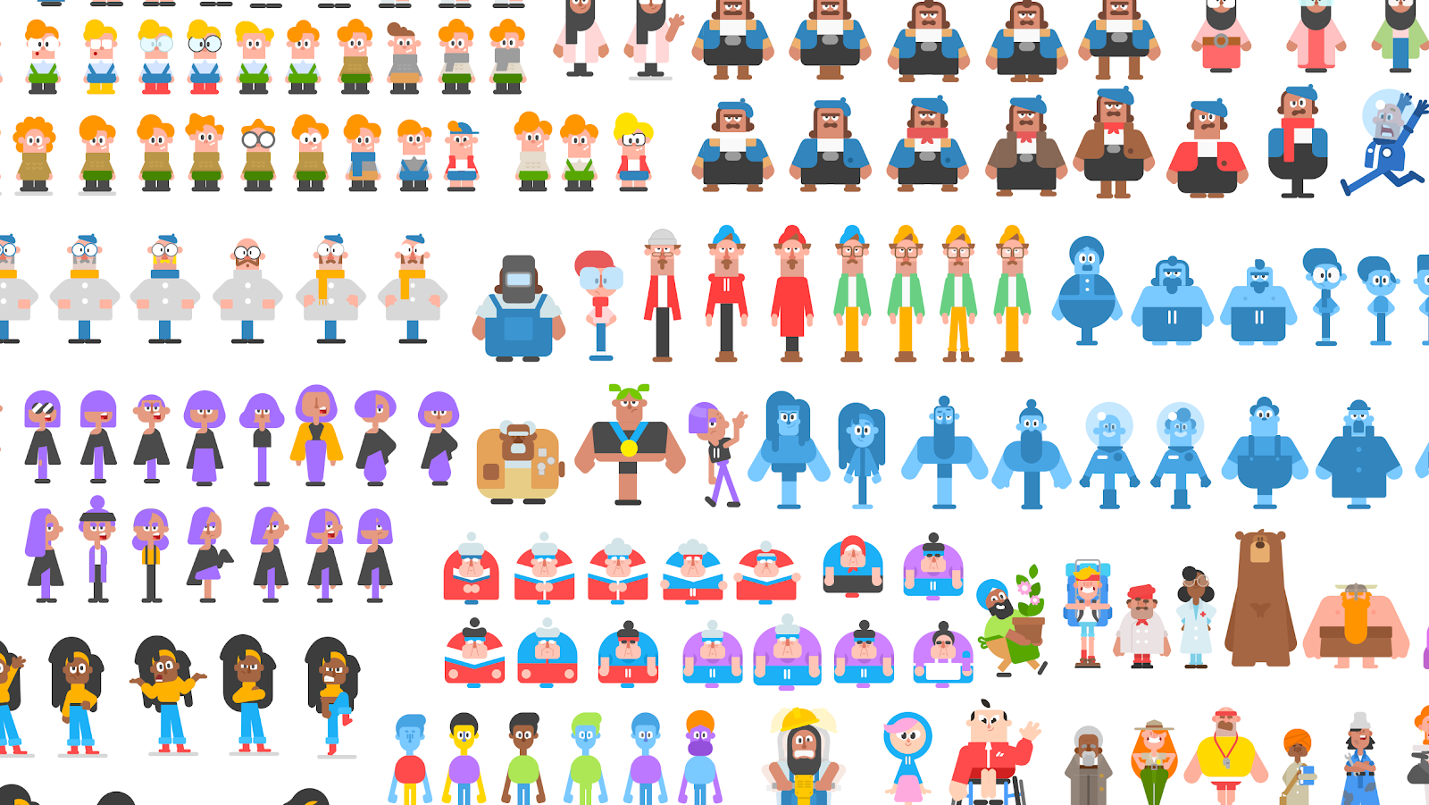 A large library of diverse 2D character sprites and avatars in rows, illustrating the range and complexity of character design iterations possible when crafting a friendly digital face like CoChefyBot.