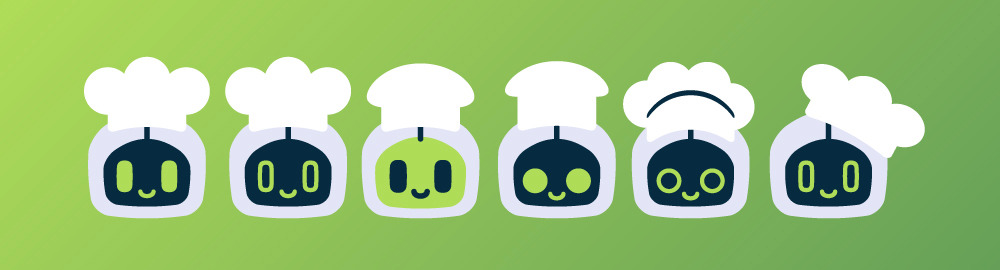 A lineup of six CoChefyBot face concepts wearing various chef hat designs and different eye/mouth expressions, showcasing the design process and iteration for the final cooking robot character.