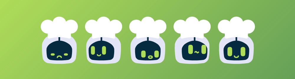 Five different CoChefyBot face iterations wearing chef hats, displaying various emotional expressions from sad to happy, demonstrating the range of personality designed for the cooking robot.