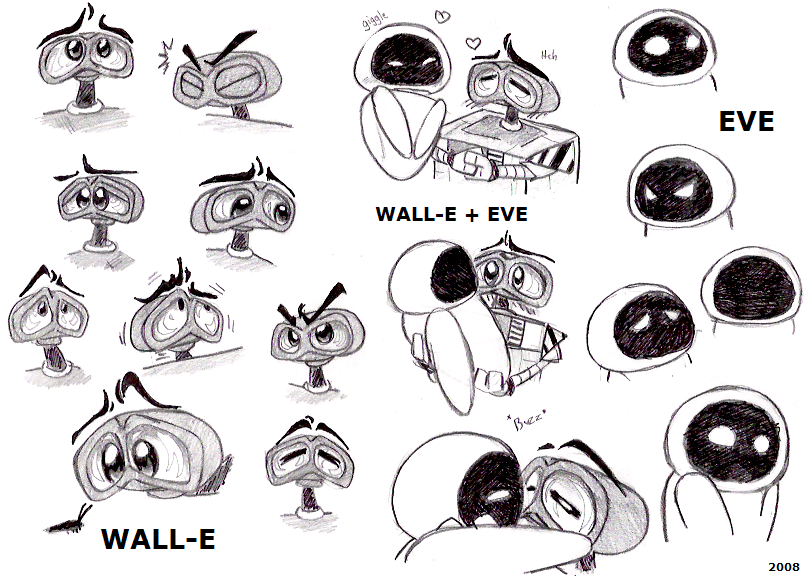 Sketches of the robot characters WALL-E and EVE showing various facial expressions and emotional states, highlighting the importance of expressive eyes and body language when crafting a friendly, successful AI design like CoChefyBot.