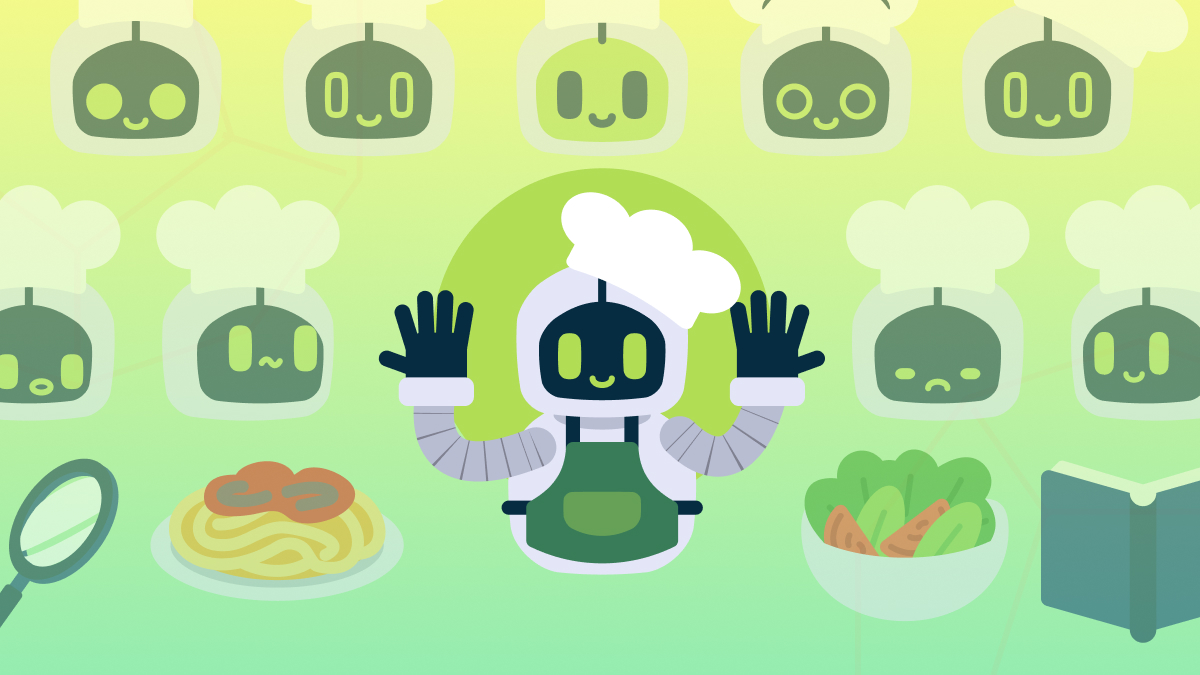 A friendly, green and white cooking robot wearing a chef's hat and apron (CoChefyBot design) standing between a plate of pasta and a salad bowl, surrounded by various robot faces representing design iterations.