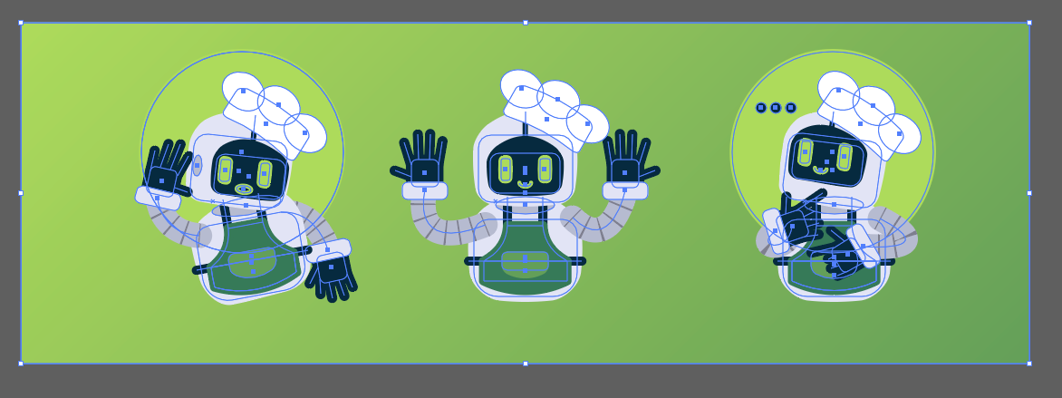 CoChefyBot character illustration showing three poses overlaid with blue vector anchor points and bounding boxes, demonstrating the assets prepared for rigging and animation within Rive.
