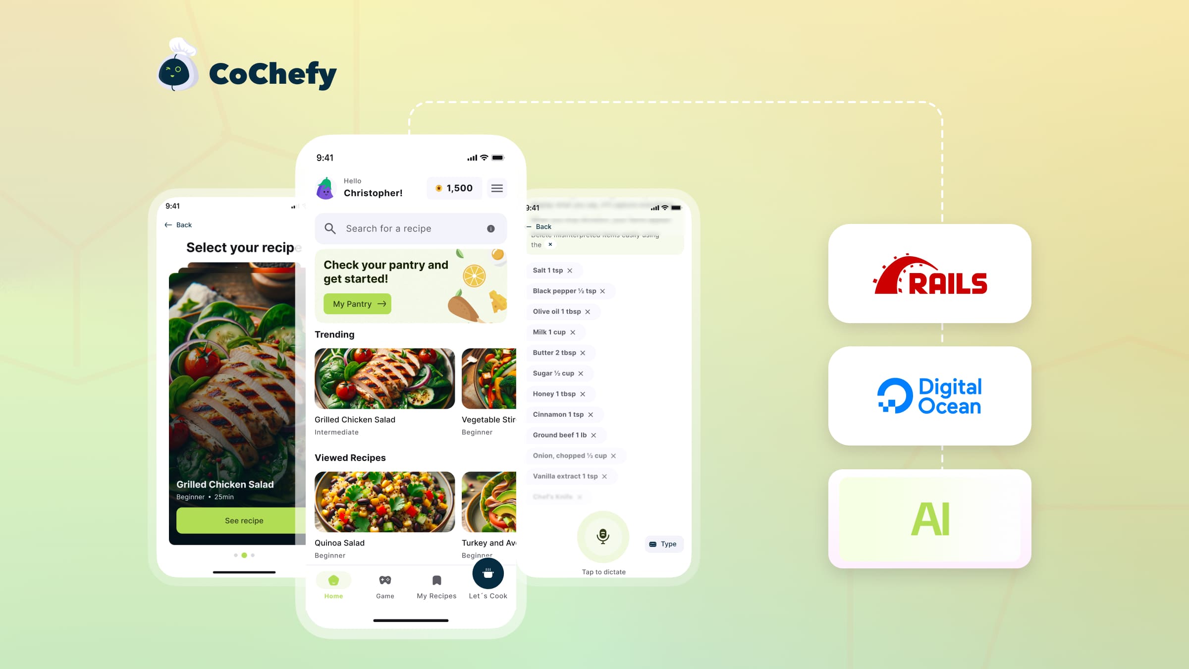 Featured image showing the CoChefy mobile app interface with recipe browsing, pantry management, and ingredient lists, alongside icons representing Ruby on Rails, DigitalOcean, and AI, illustrating the app’s AI-powered architecture.