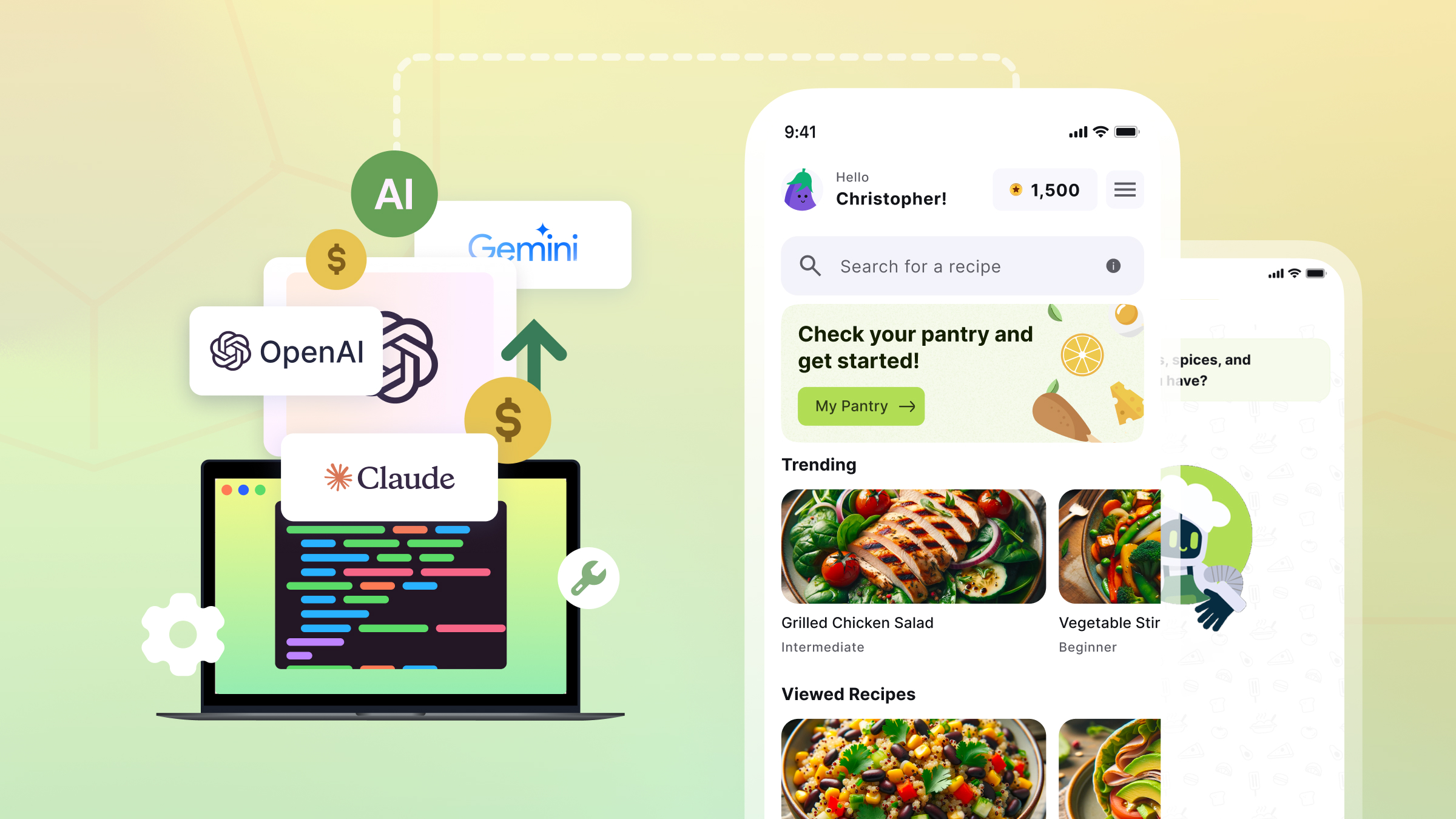 Illustration showing the CoChefy mobile app alongside AI provider logos like OpenAI, Claude, and Gemini, representing the challenges of building an AI-powered cooking app with real-world cost and infrastructure considerations.