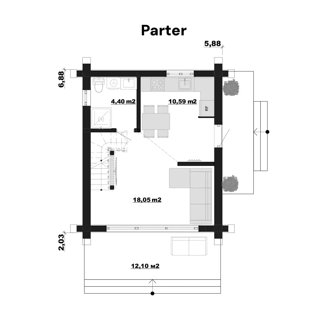 Rzut parteru domu z bali Amelia z projektu konstrukcyjno-wykonawczego Nest Homes
