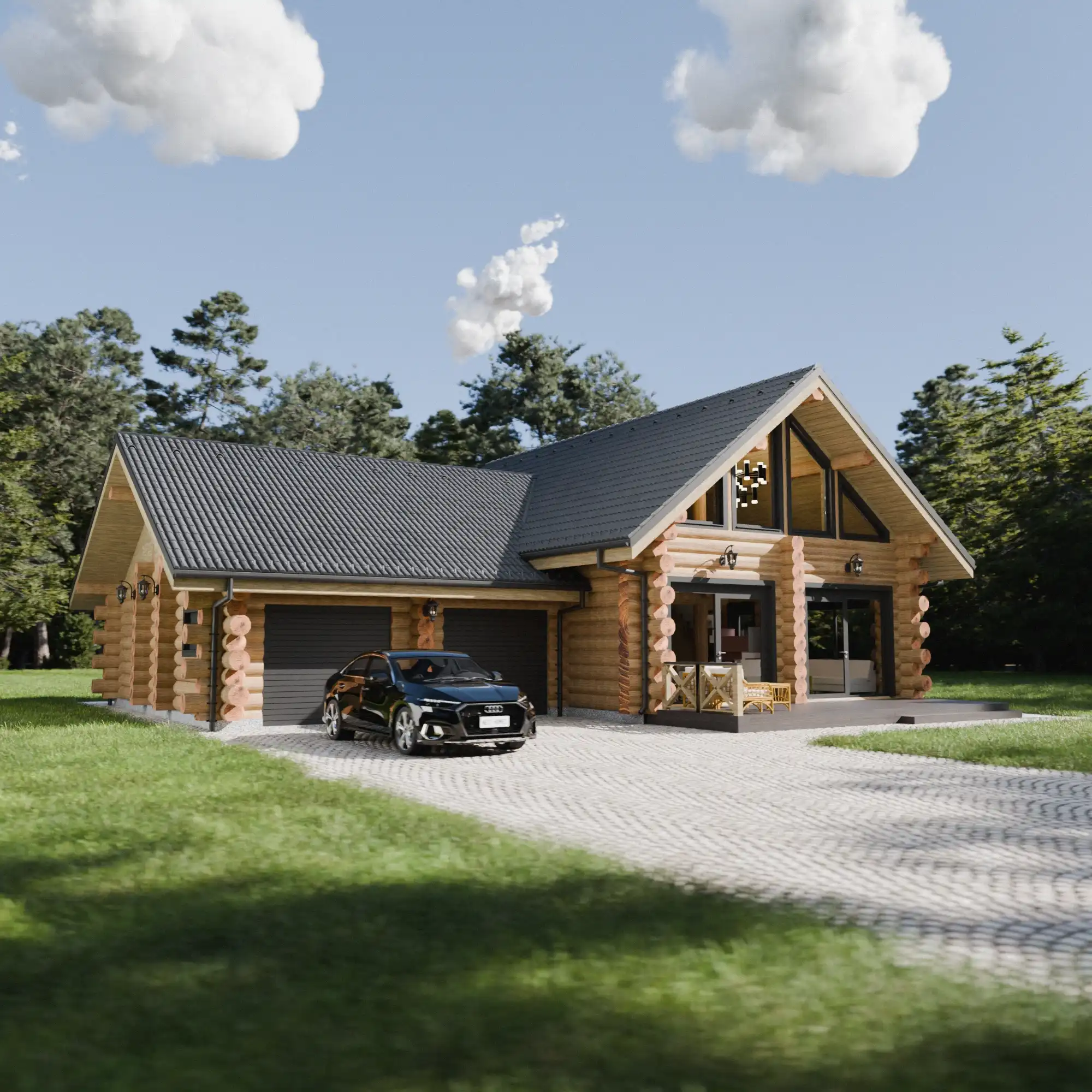 Piętrowy dom z bali z garażem