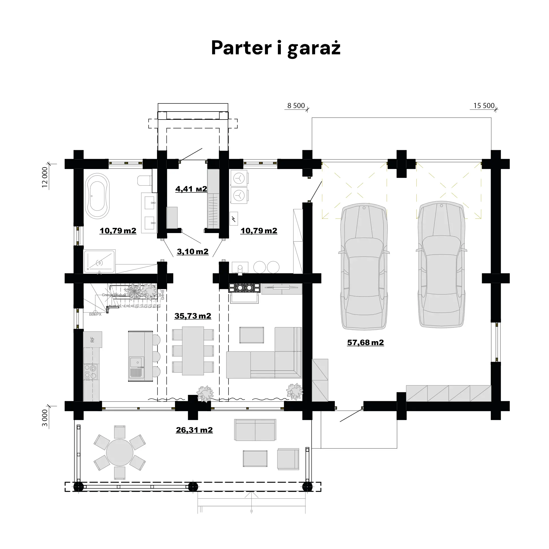Rzut parteru domu z bali Anastazja z garażem dwustanowiskowym 186 m²