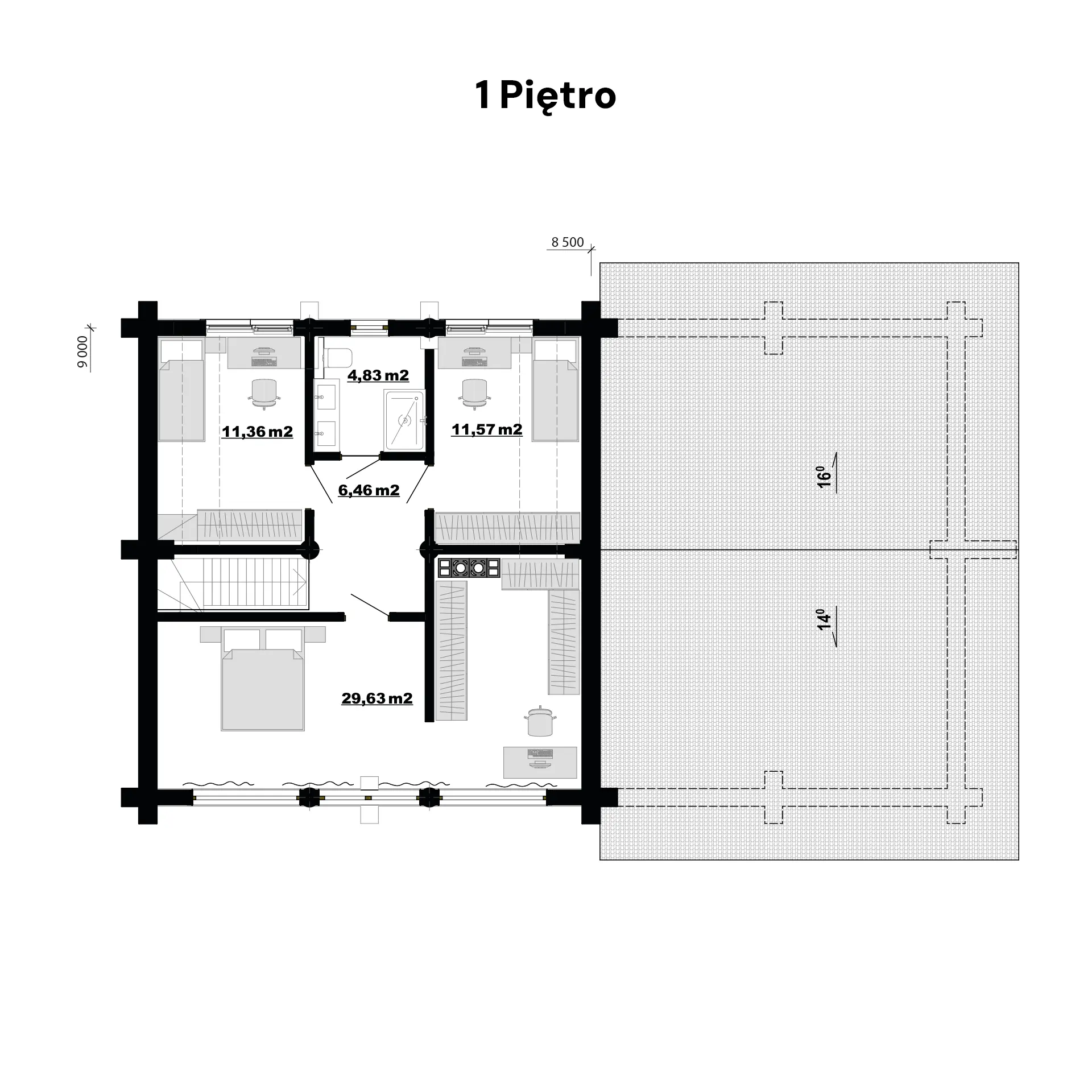 Rzut piętra domu z bali Anastazja — 3 sypialnie i gabinet