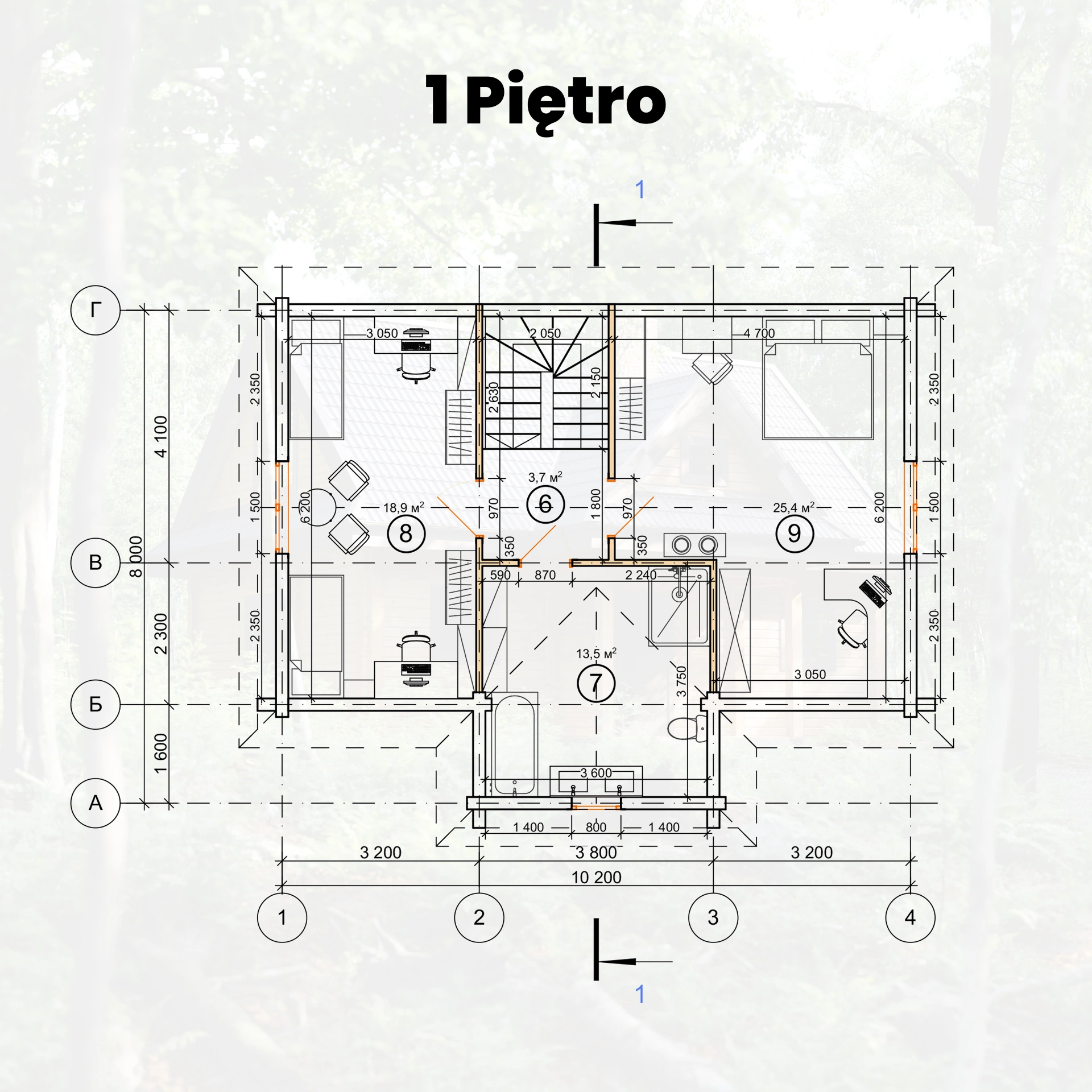 Rzut piętra domu z bali Maja — 2 sypialnie, WC i balkon