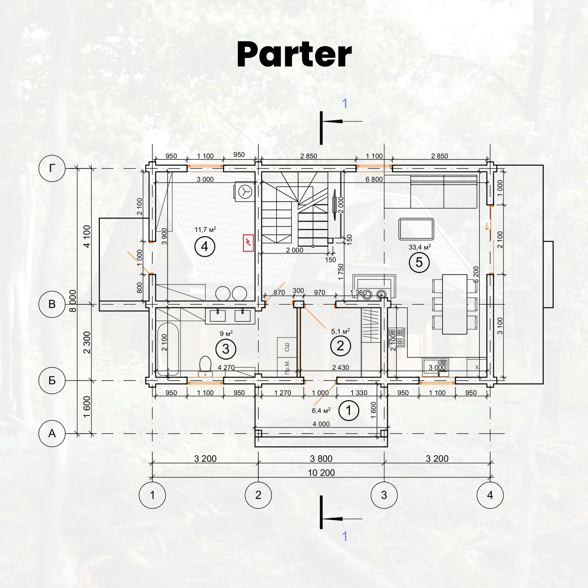 Rzut parteru domu z bali Maja — salon z aneksem i pomieszczenie gospodarcze