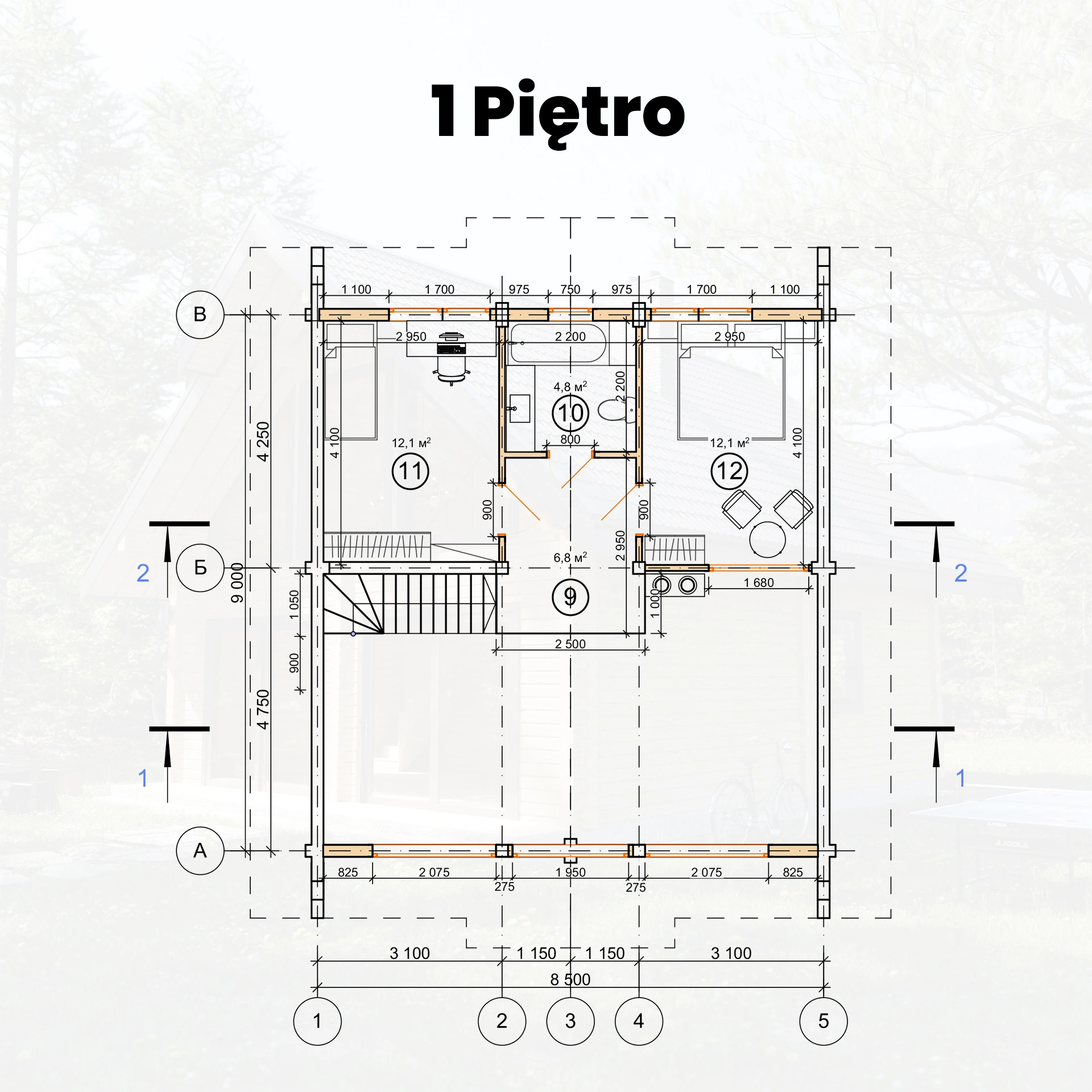 Rzut piętra domu z bali Anastazja BP — 3 sypialnie i 2 łazienki