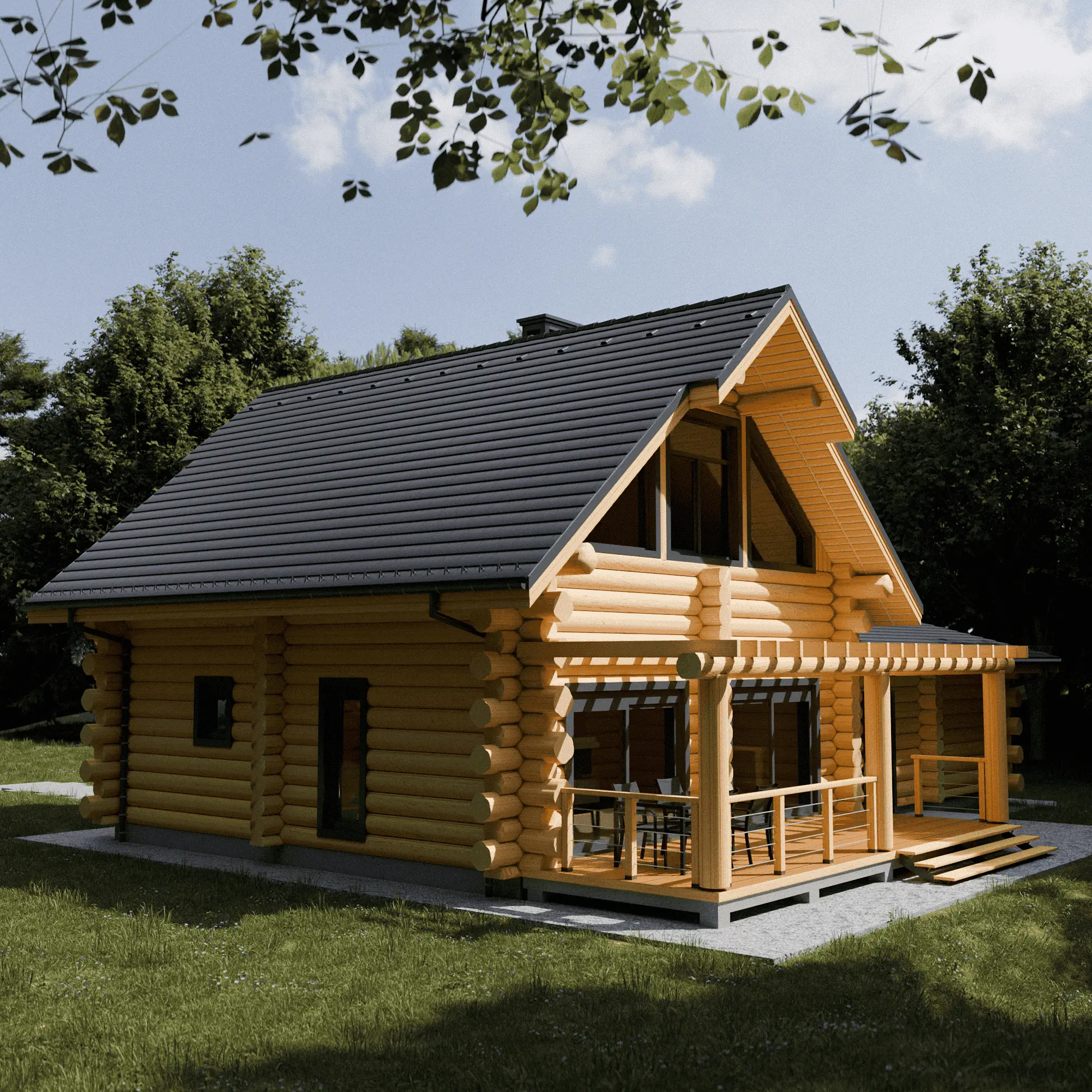 Dom z bali Anastazja z garażem — widok z prawej strony