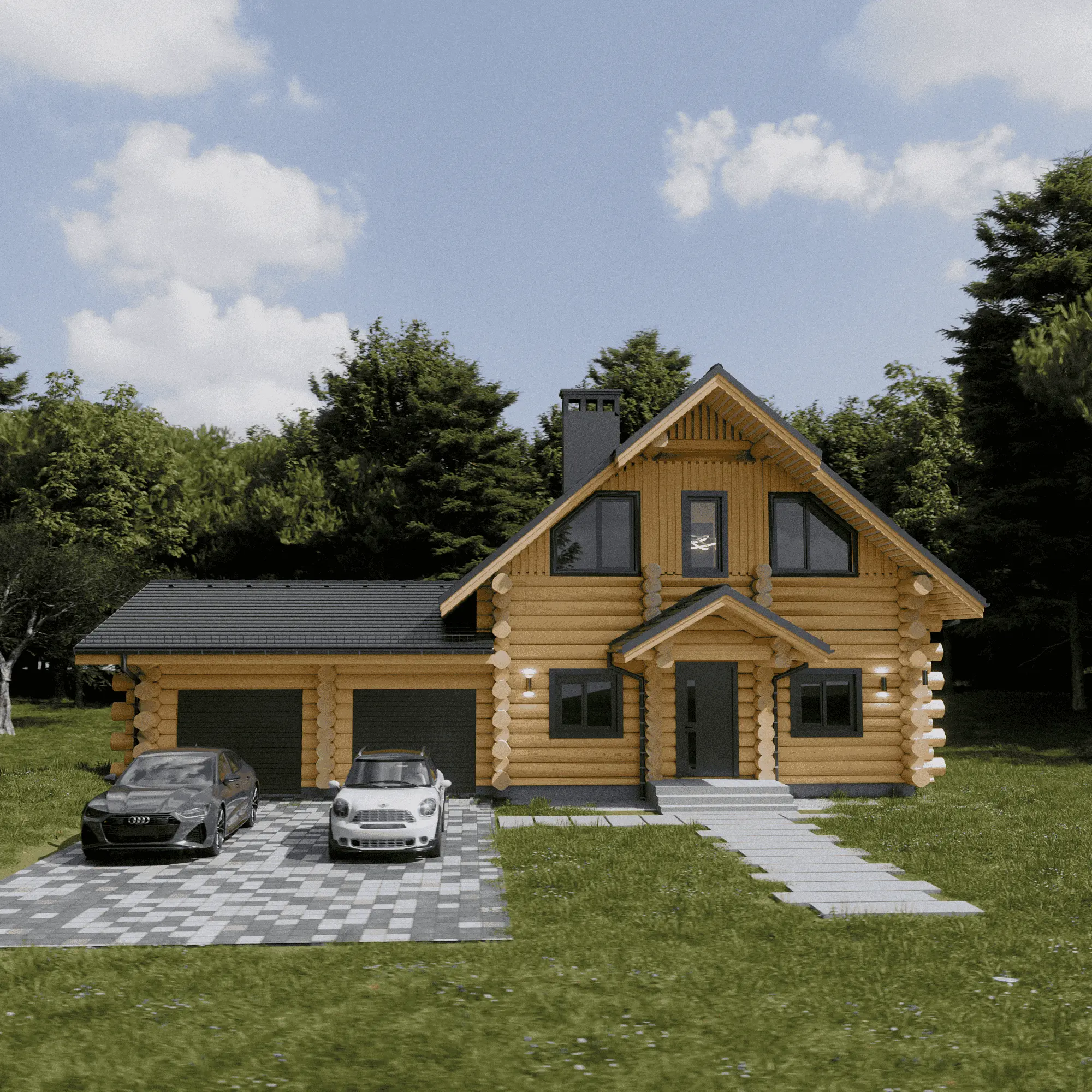 Dom z bali Anastazja z garażem — widok z przodu