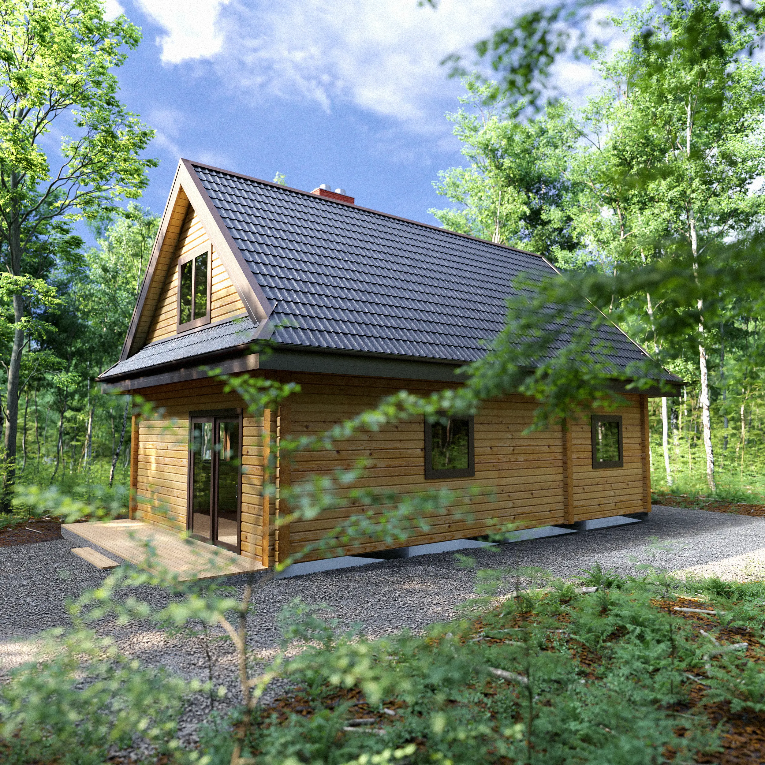 Dom z bali profilowanych Maja — elewacja tylna z balkonem