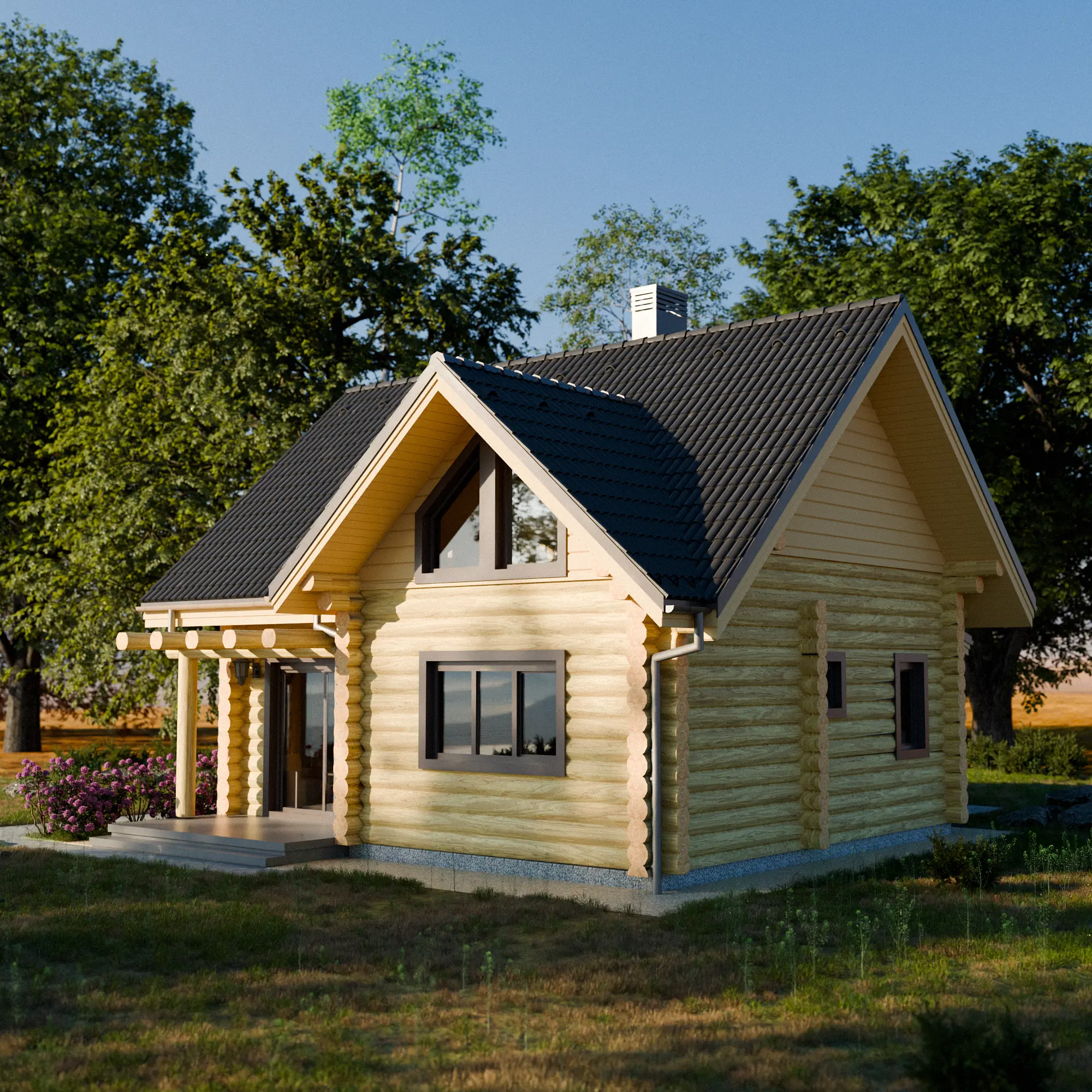 Dom z bali Małgorzata — widok z przodu, bale okrągłe 22-26 cm