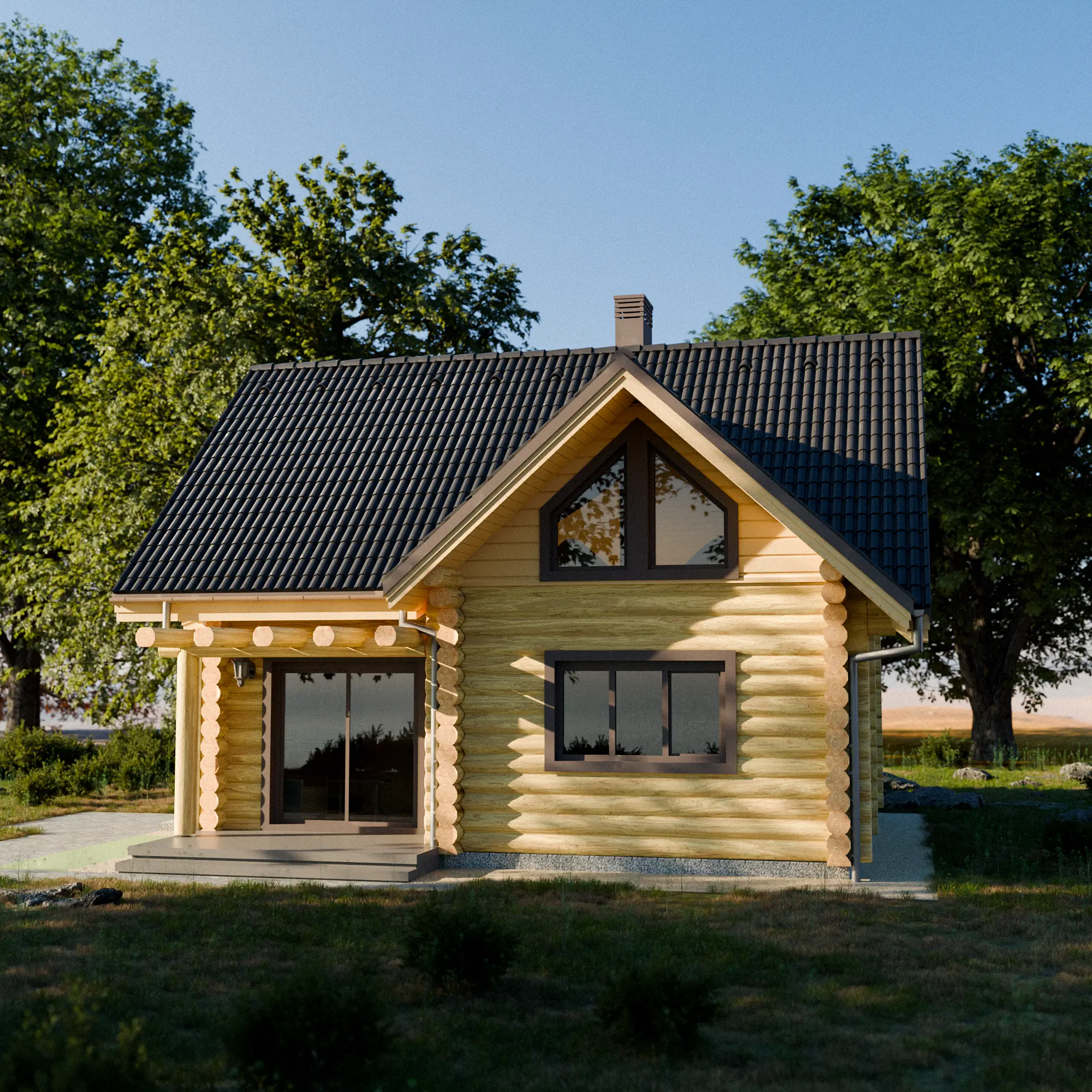 Dom z bali Małgorzata — elewacja frontowa z tarasem