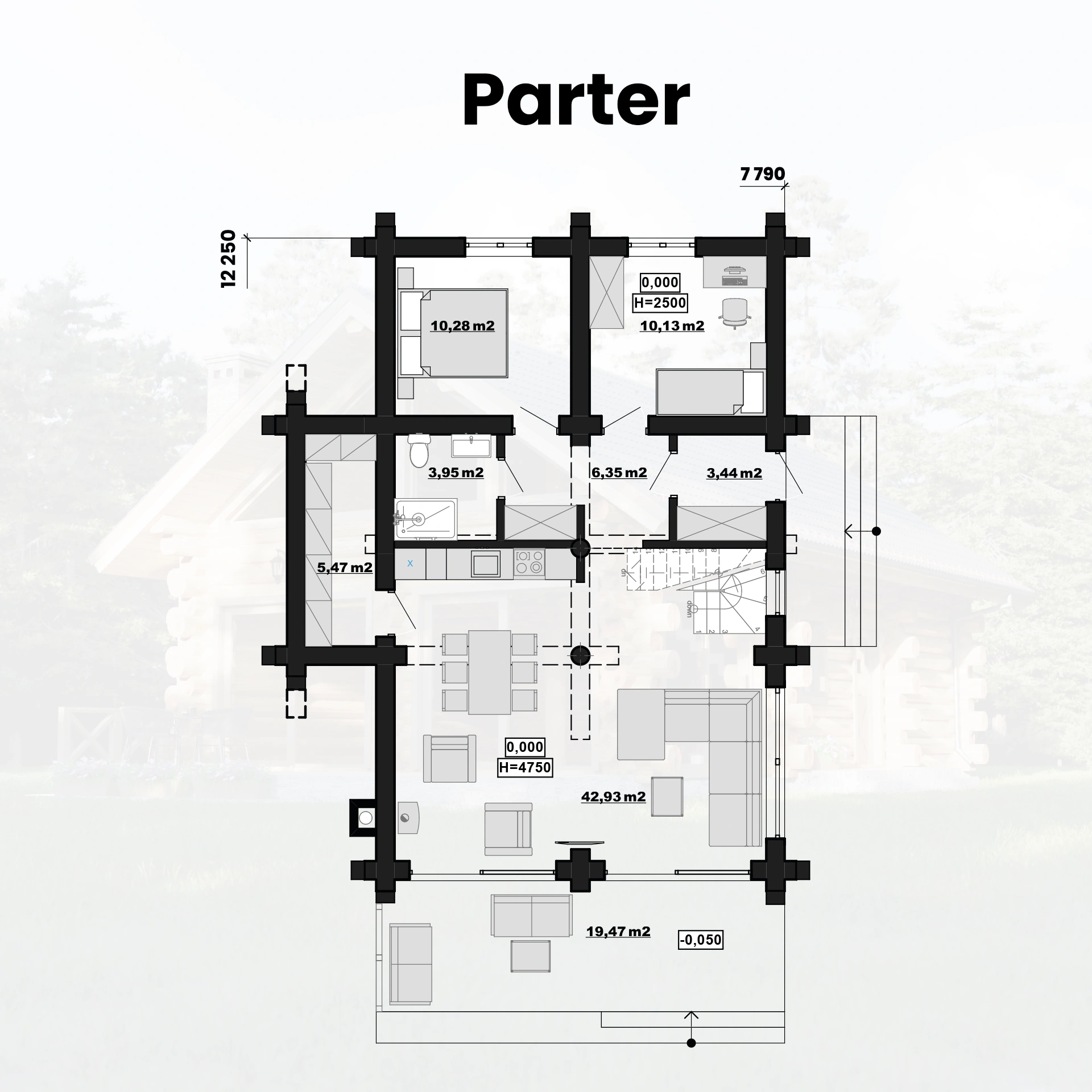 Rzut parteru domu z bali Damian — salon, kuchnia i pokoje