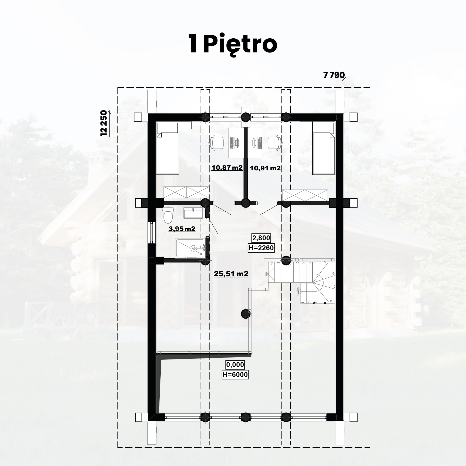 Rzut piętra domu z bali Damian — antresola i 2 sypialnie