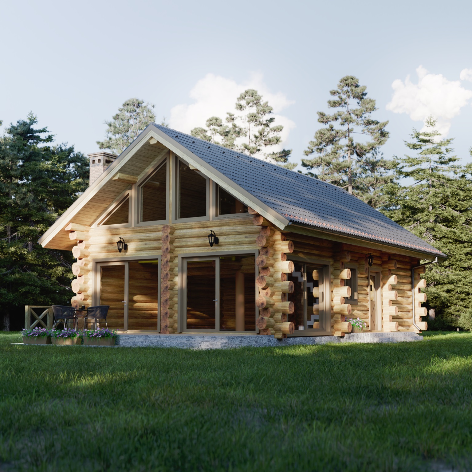 Dom z bali Damian — widok z prawej strony, piętrowy 133 m²