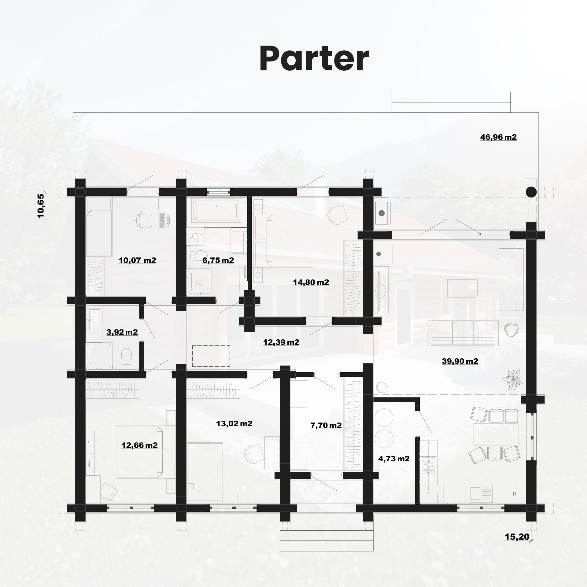 Rzut parteru domu z bali Arkadiusz — salon, 4 sypialnie, 2 łazienki 125 m²