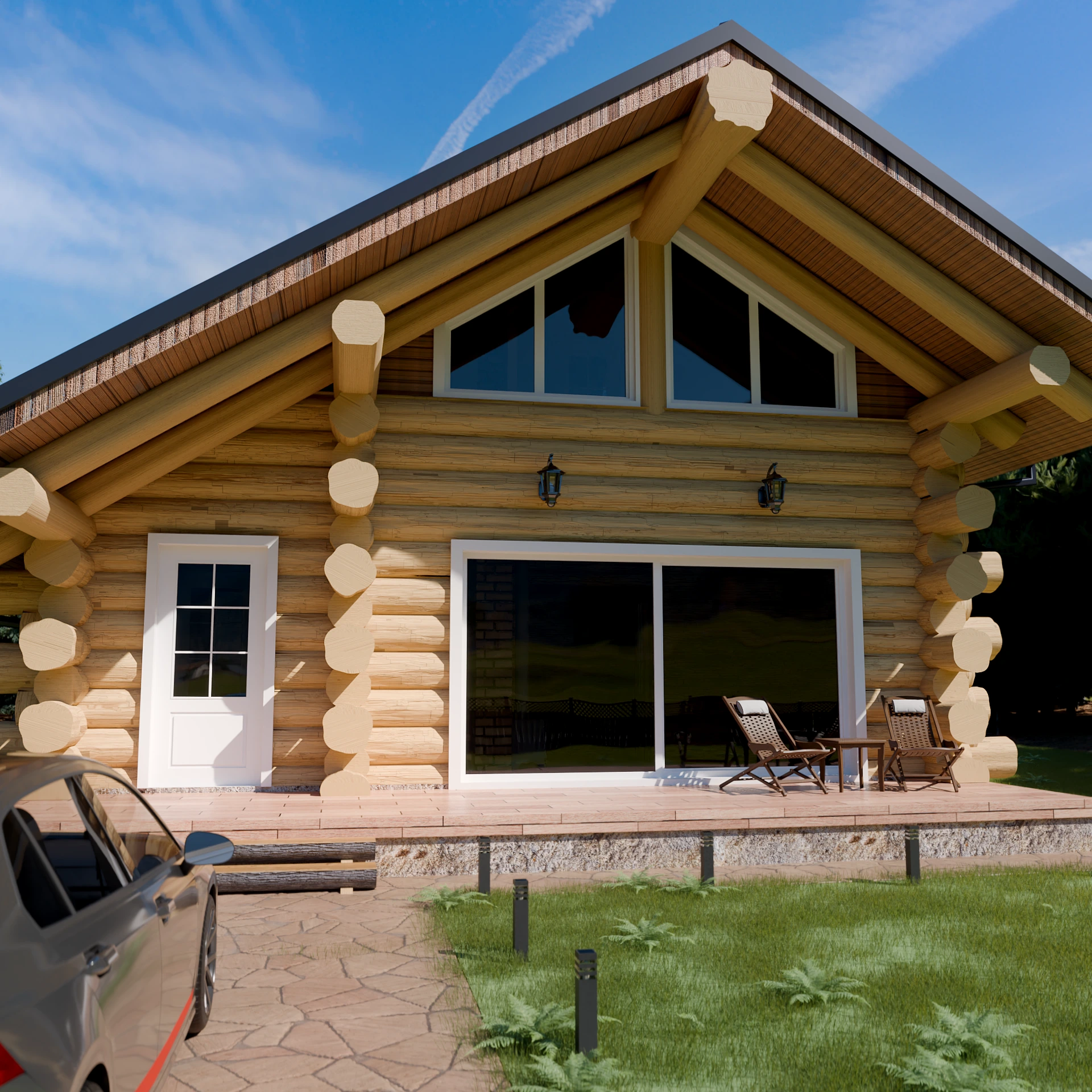 Piętrowy dom z bali Franciszek — elewacja frontowa