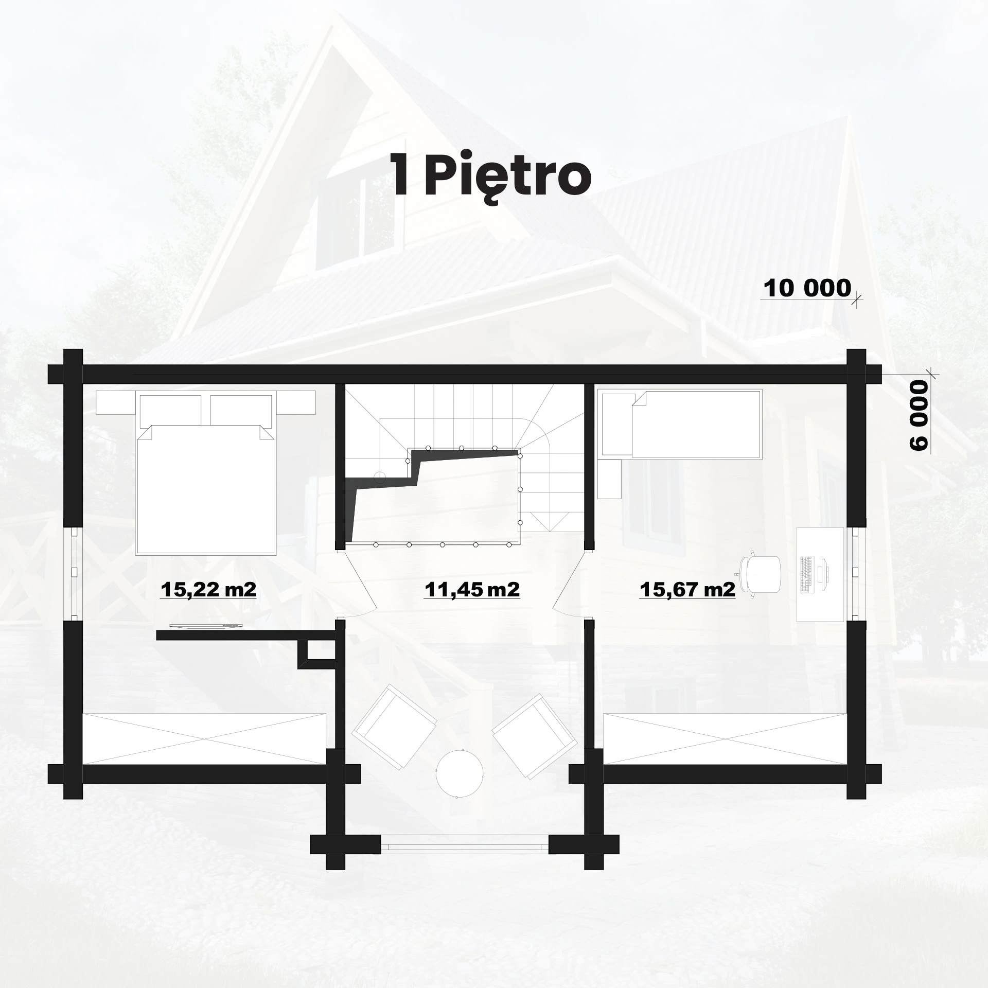 Rzut 1 piętra domu z bali Robert — dodatkowy poziom