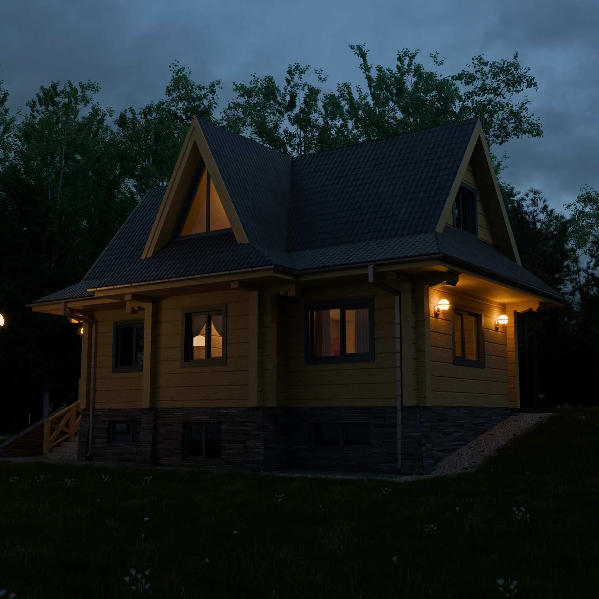 Dom z bali profilowanych Robert — wizualizacja nocna