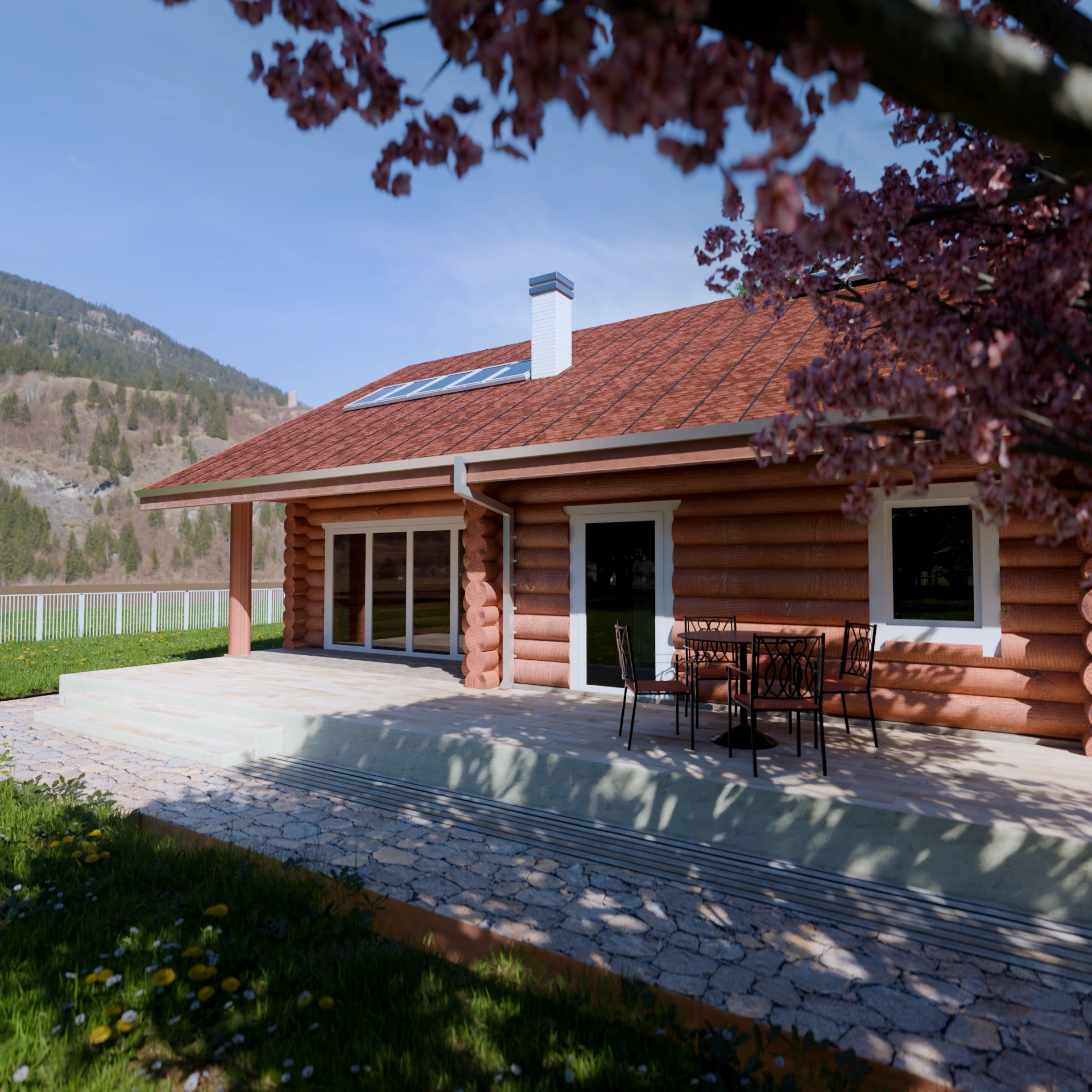 Dom z bali Arkadiusz — elewacja frontowa z dużym tarasem