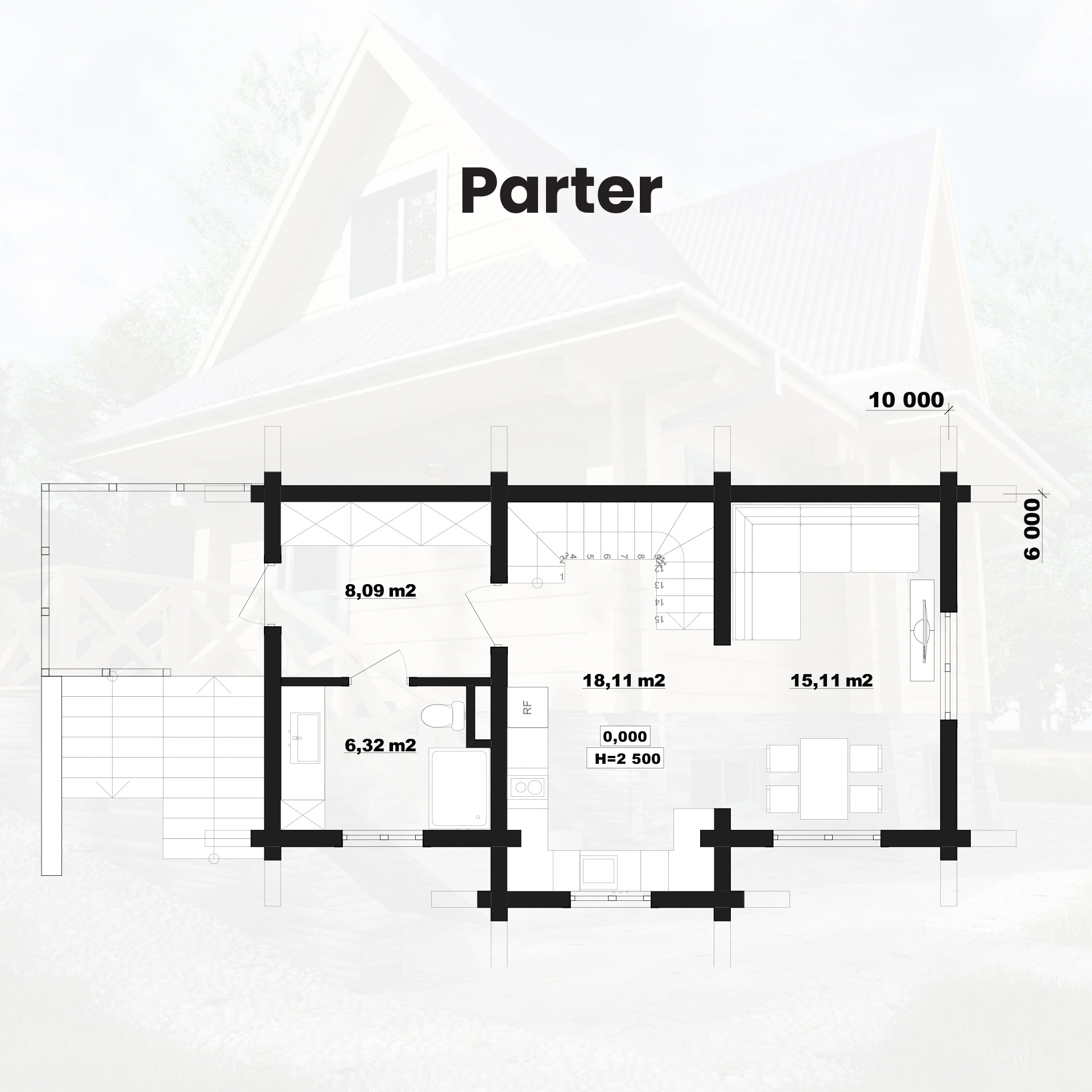 Rzut parteru domu z bali Robert — salon i kuchnia