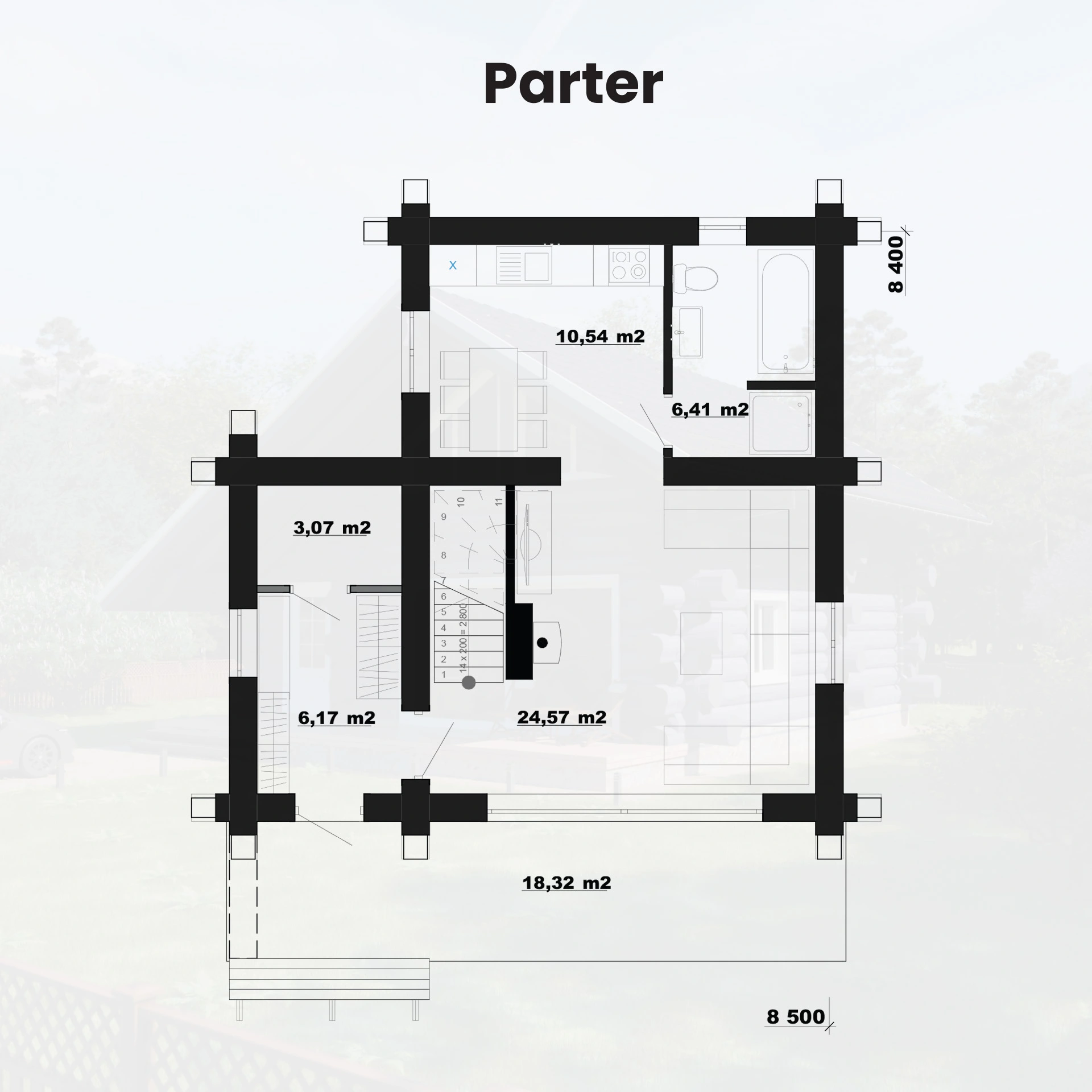 Rzut parteru domu z bali Franciszek — salon, kuchnia, WC